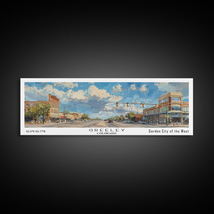 Greeley Colorado Panoramic Watercolor Painting, Urban Framed Canvas Print, Cityscape Wall Art for Living Room, Travel Poster, Home Decor, City Gift Idea