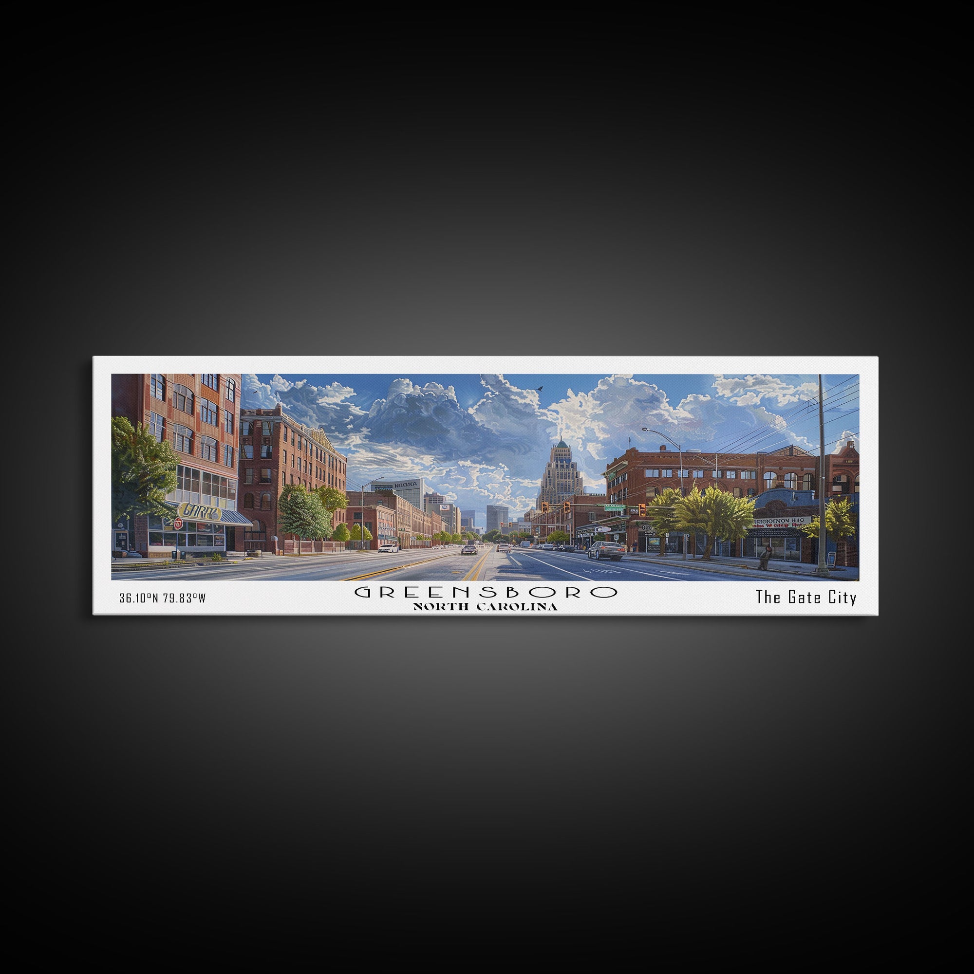 Greensboro North Carolina Panoramic Watercolor Painting, Urban Framed Canvas Print, Cityscape Wall Art for Living Room, Travel Poster, Home Decor, City Gift Idea