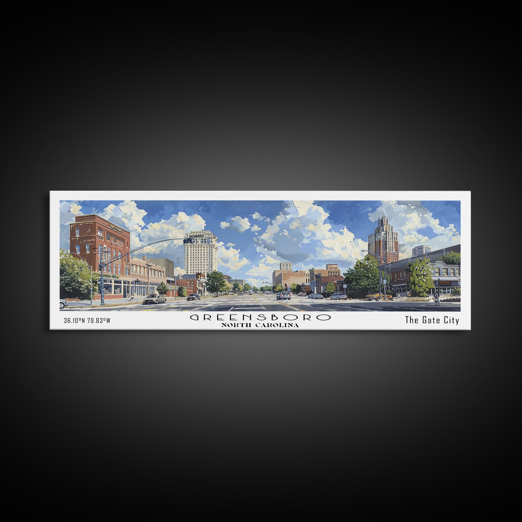 Greensboro North Carolina Panoramic Watercolor Painting, Urban Framed Canvas Print, Cityscape Wall Art for Office, Travel Decor, Home Gift Idea
