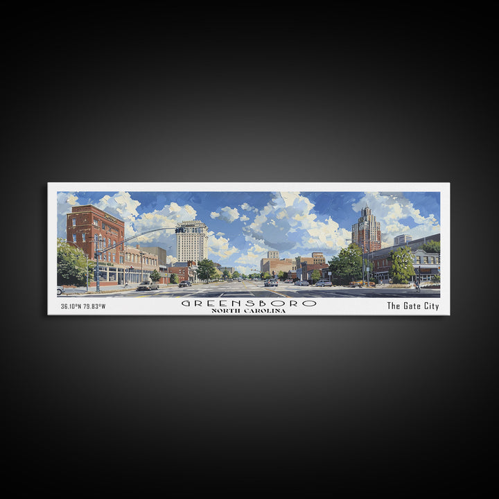 Greensboro North Carolina Panoramic Watercolor Painting, Urban Framed Canvas Print, Cityscape Wall Art for Office, Travel Decor, Home Gift Idea