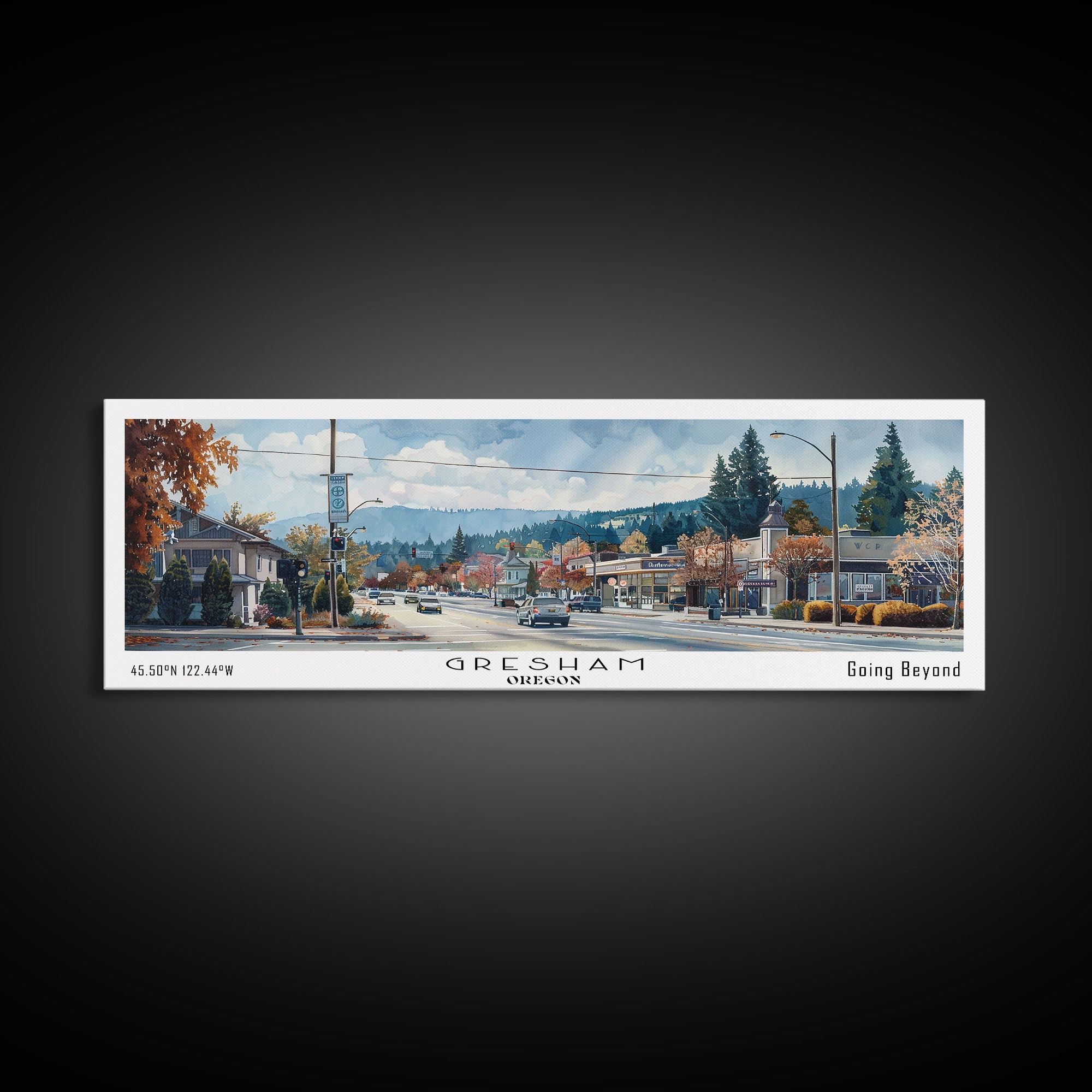 Gresham Oregon Panoramic Watercolor Painting, Urban Framed Canvas Print, Cityscape Wall Art for Living Room, Travel Decor, Home Gift Idea
