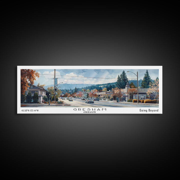 Gresham Oregon Panoramic Watercolor Painting, Urban Framed Canvas Print, Cityscape Wall Art for Living Room, Travel Decor, Home Gift Idea