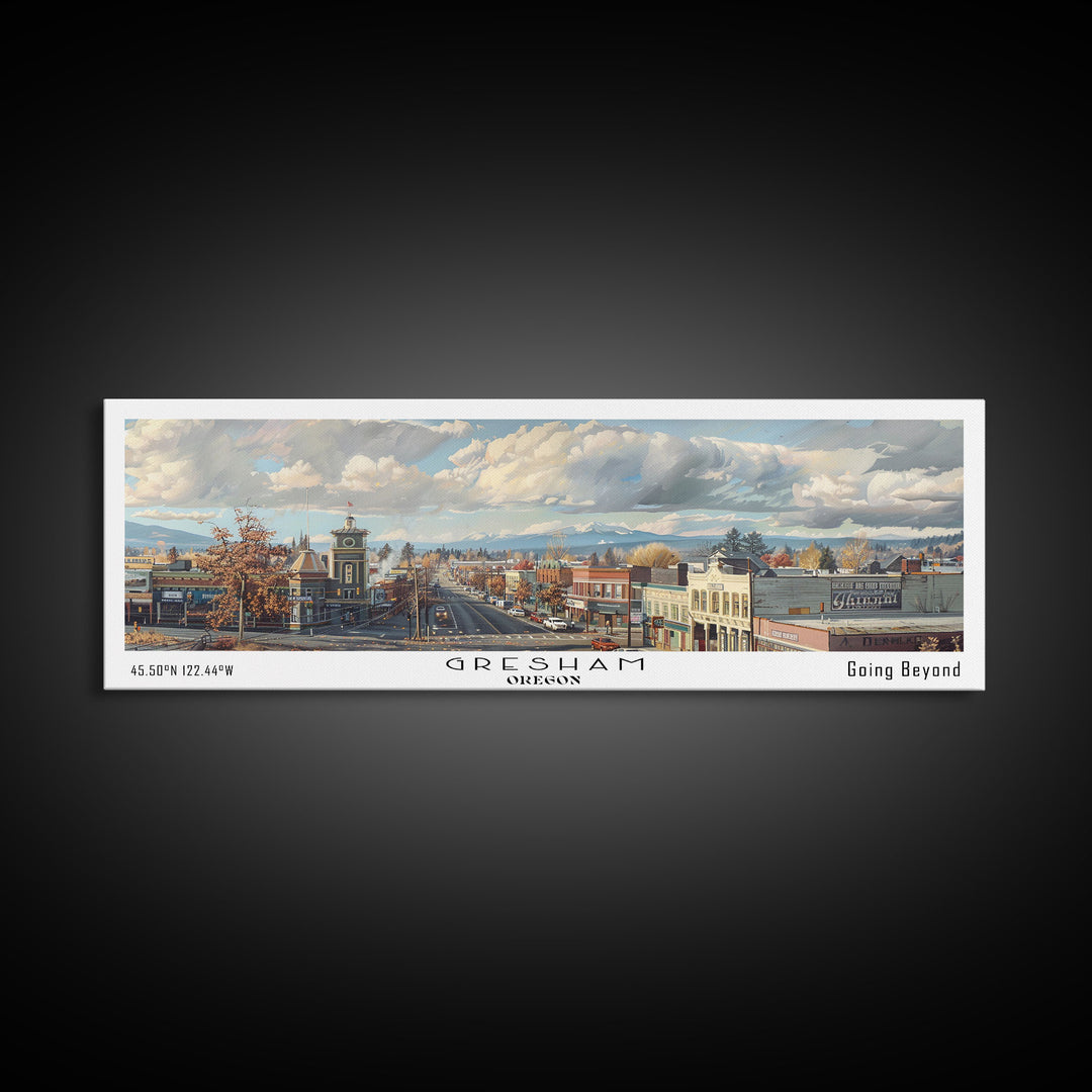 Gresham Oregon Panoramic Watercolor Painting, Urban Framed Canvas Print, Cityscape Wall Art for Office, Travel Decor, Home Gift Idea