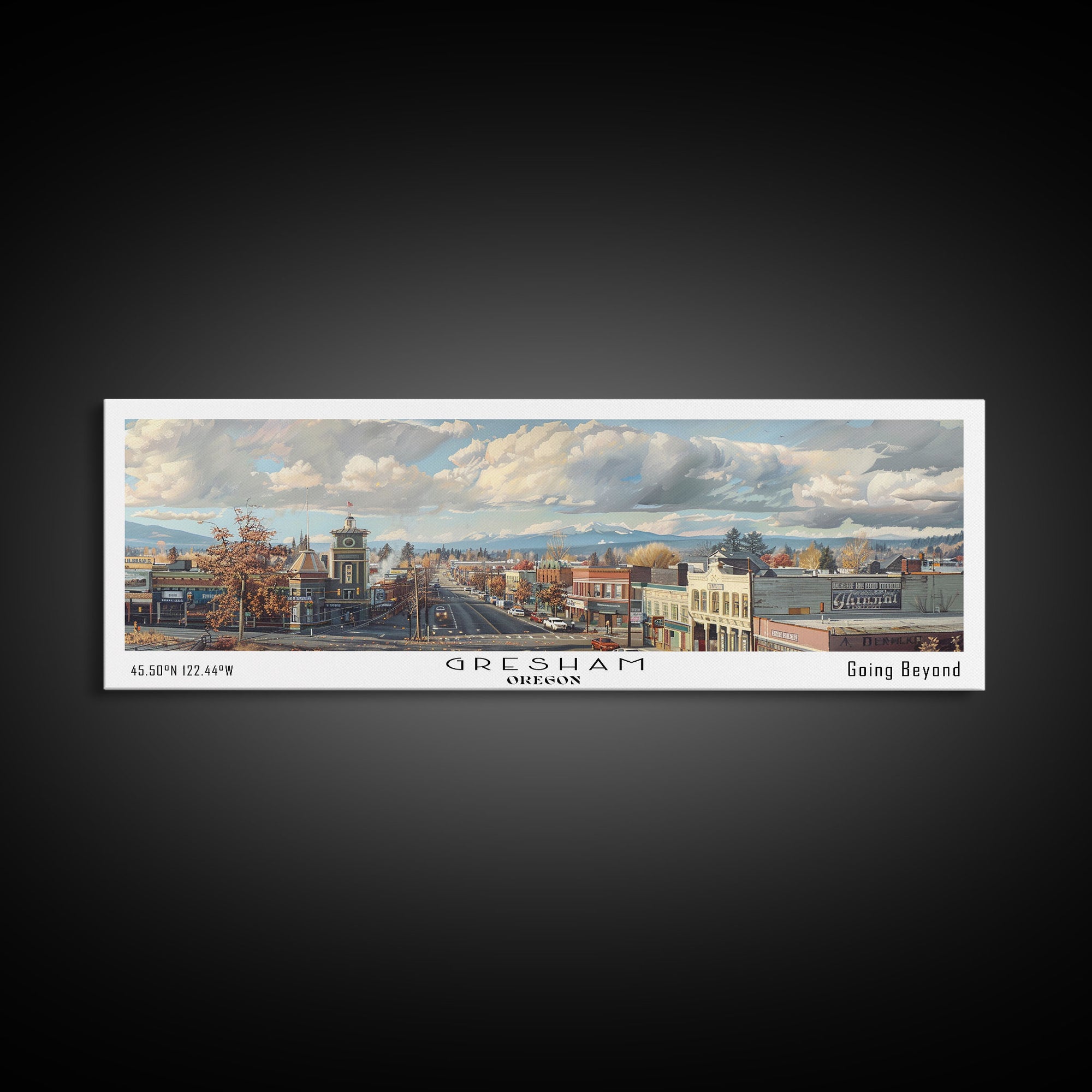 Gresham Oregon Panoramic Watercolor Painting, Urban Framed Canvas Print, Cityscape Wall Art for Office, Travel Decor, Home Gift Idea