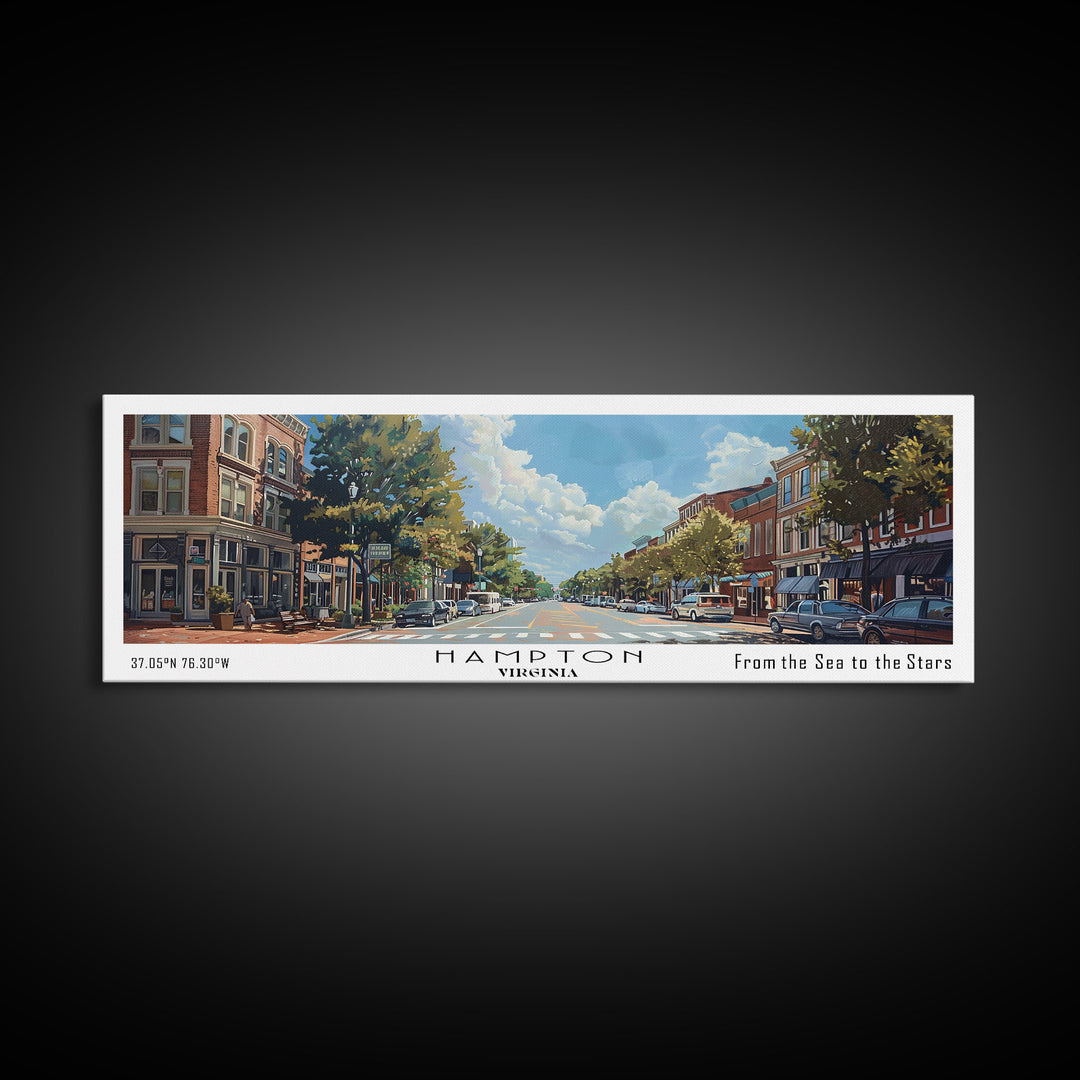 Hampton Virginia Panoramic Watercolor Painting, Urban Framed Canvas Print, Cityscape Wall Art for Living Room, Travel Poster, Home Decor, City Gift Idea