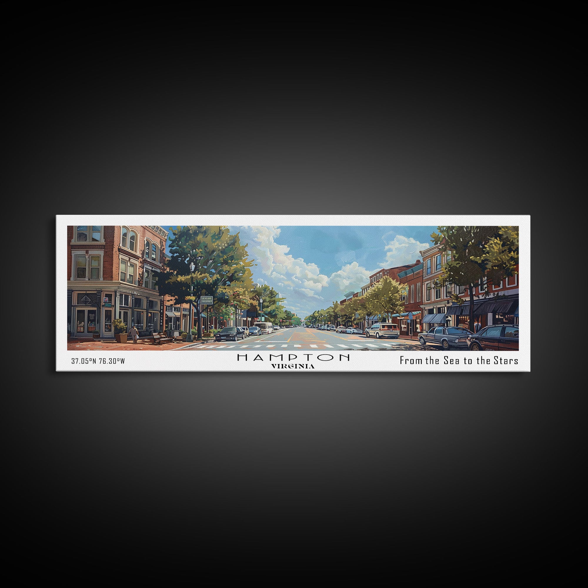 Hampton Virginia Panoramic Watercolor Painting, Urban Framed Canvas Print, Cityscape Wall Art for Living Room, Travel Poster, Home Decor, City Gift Idea