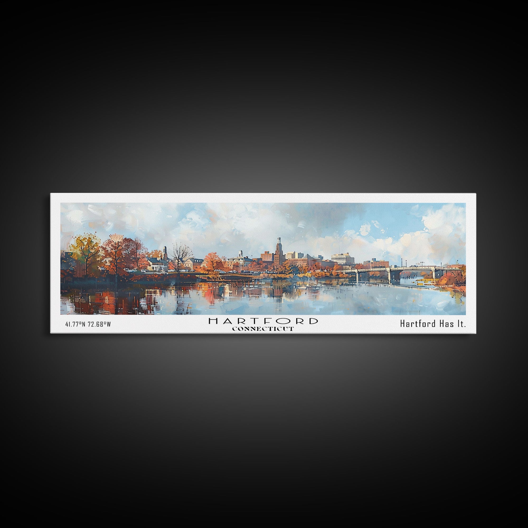 Hartford Connecticut Panoramic Watercolor Painting, Urban Framed Canvas Print, Cityscape Wall Art for Office, Travel Decor, Home Gift Idea