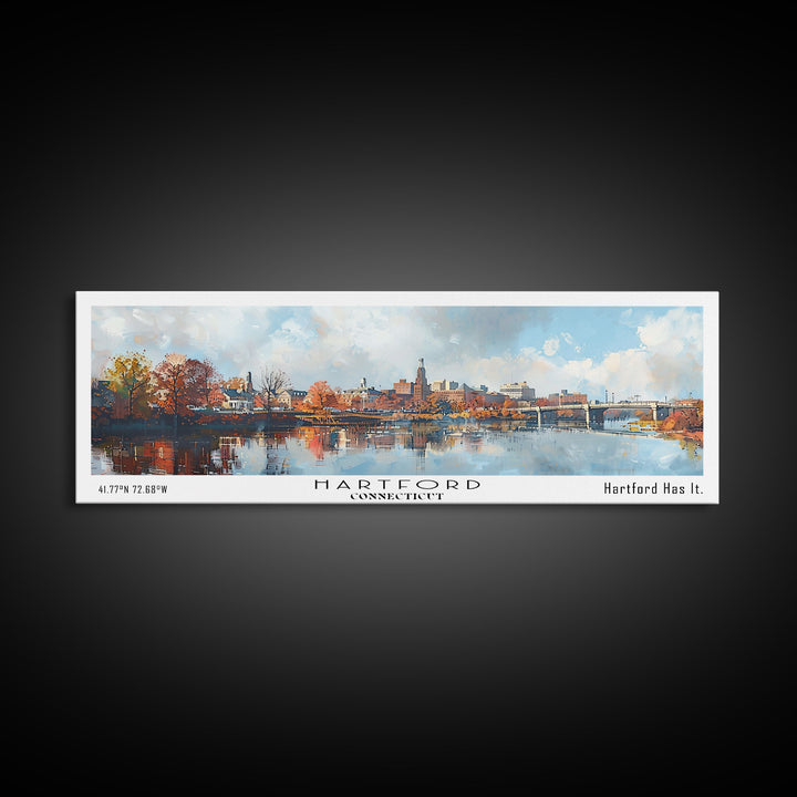 Hartford Connecticut Panoramic Watercolor Painting, Urban Framed Canvas Print, Cityscape Wall Art for Office, Travel Decor, Home Gift Idea