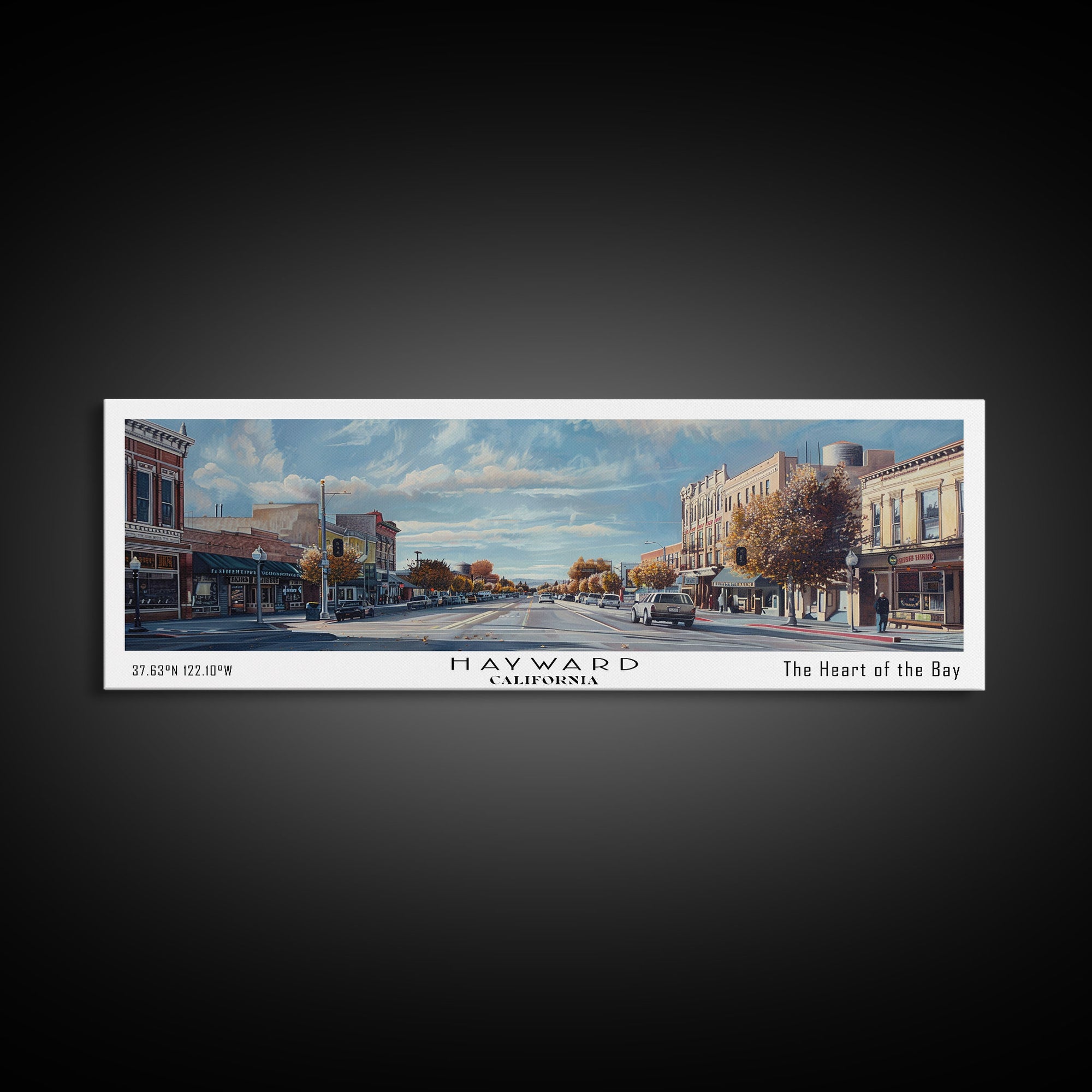 Hayward California Panoramic Watercolor Painting, Urban Framed Canvas Print, Cityscape Wall Art for Living Room, Travel Poster, Home Decor, City Gift Idea