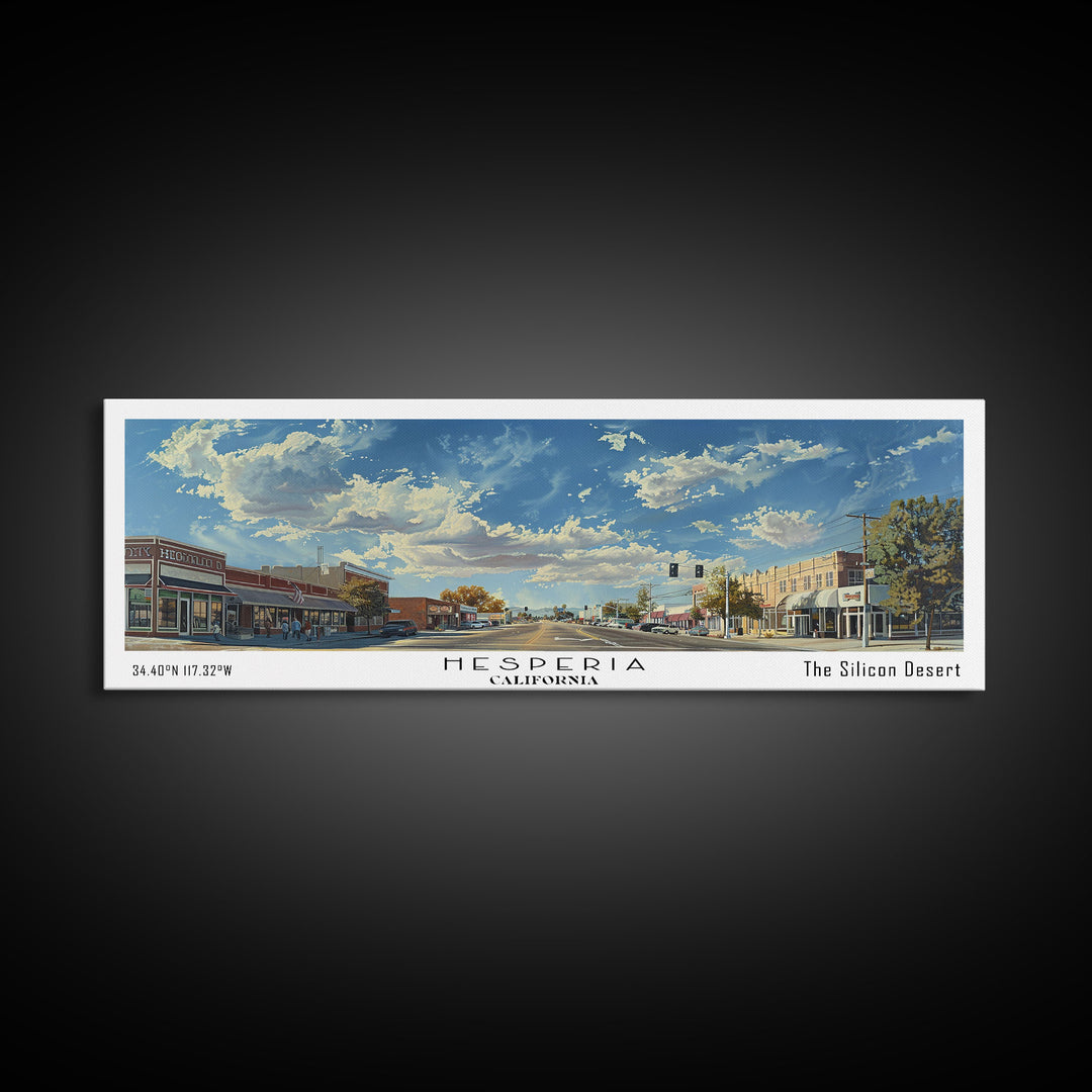 Hesperia California Panoramic Watercolor Painting, Urban Framed Canvas Print, Cityscape Wall Art for Living Room, Travel Poster, Home Decor, City Gift Idea