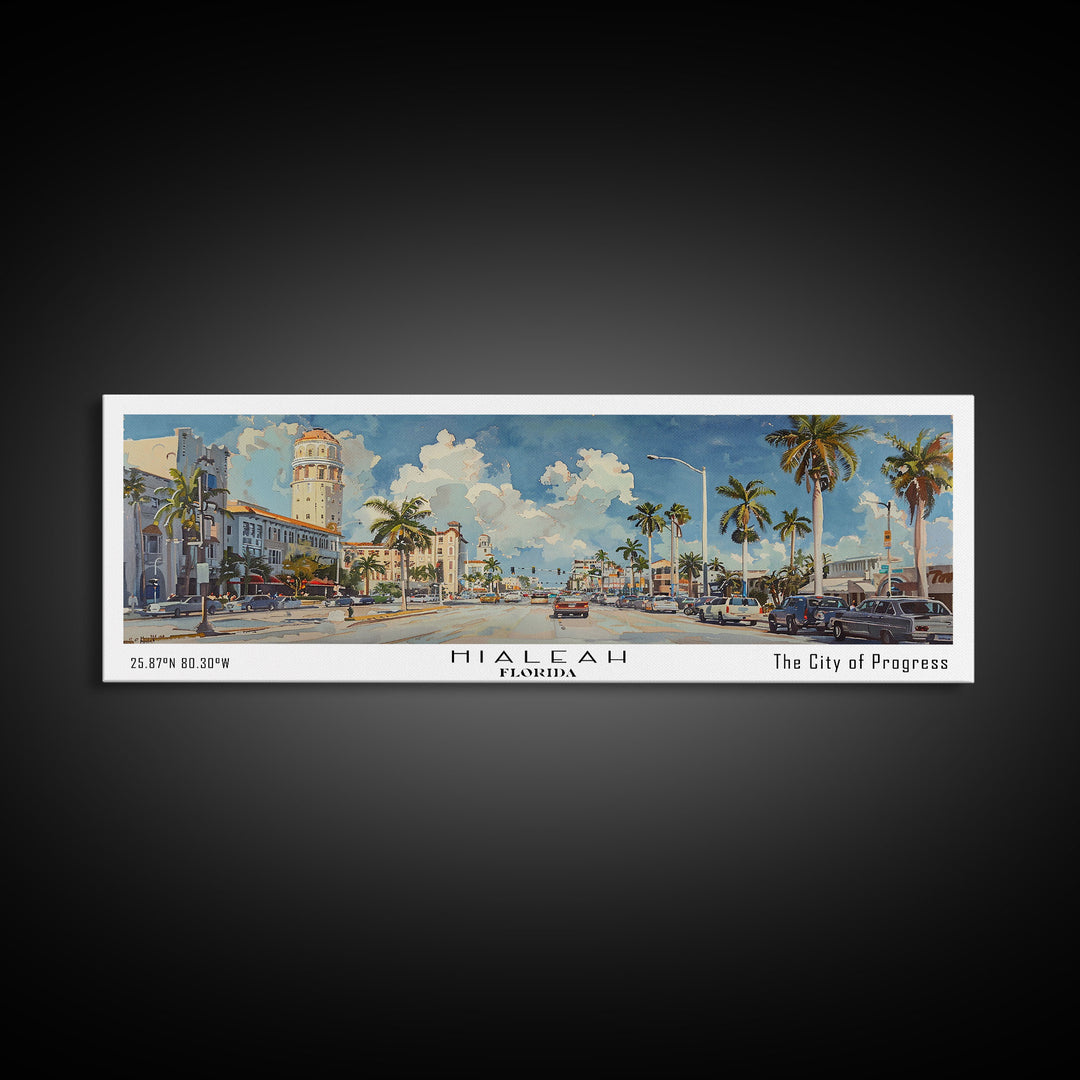 Hialeah Florida Panoramic Watercolor Painting, Urban Framed Canvas Print, Cityscape Wall Art for Office, Travel Decor, Home Gift Idea