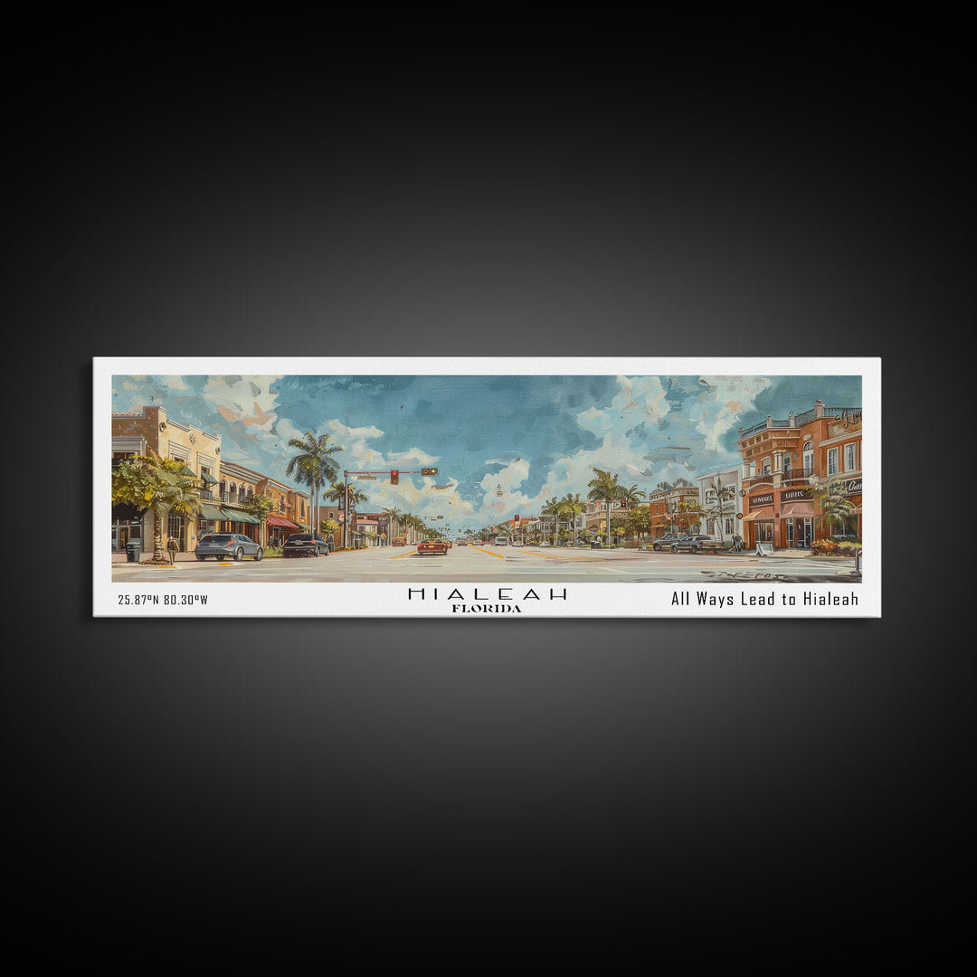 Hialeah Florida Panoramic Watercolor Painting, Urban Framed Canvas Print, Cityscape Wall Art for Living Room, Travel Decor, Home Gift Idea