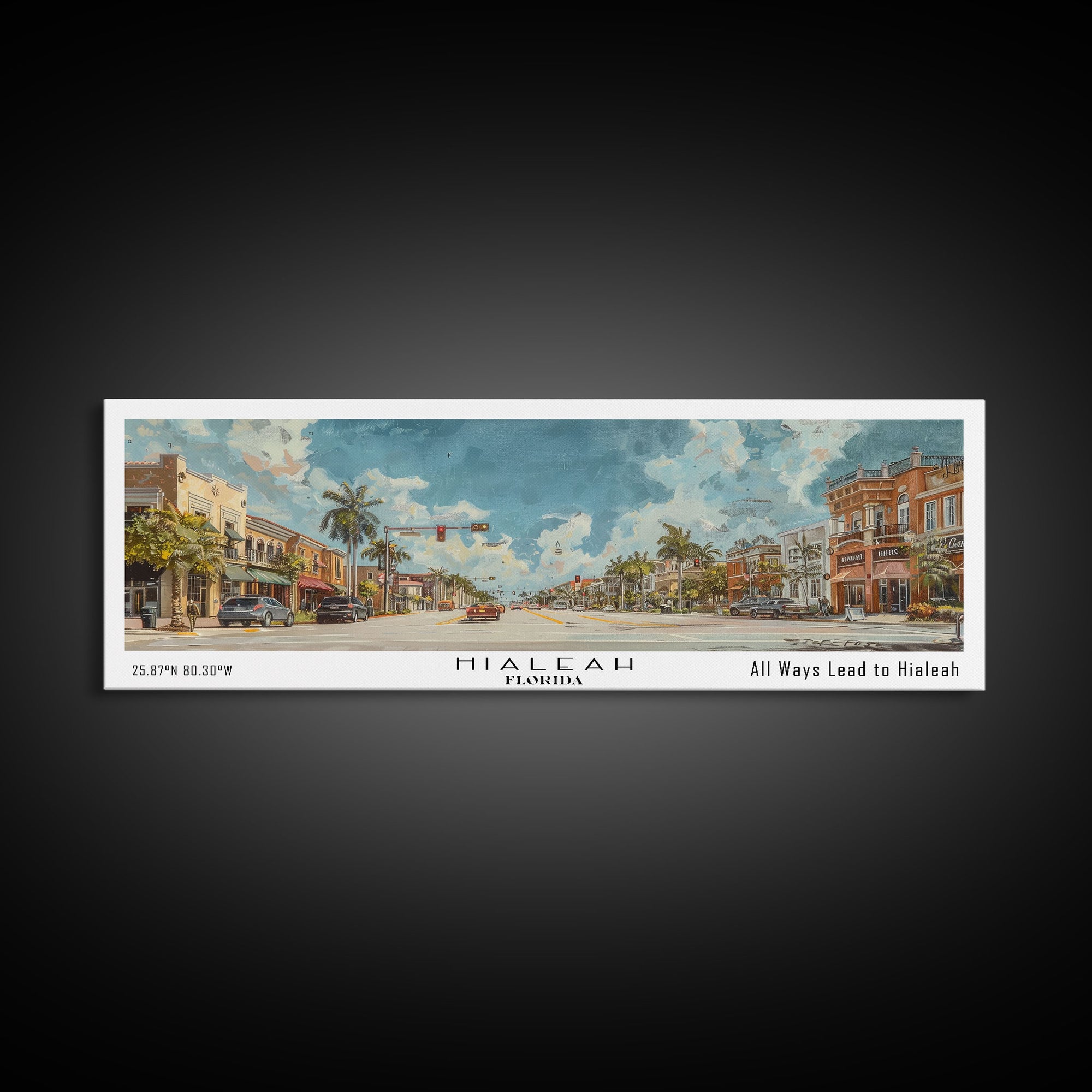 Hialeah Florida Panoramic Watercolor Painting, Urban Framed Canvas Print, Cityscape Wall Art for Living Room, Travel Decor, Home Gift Idea