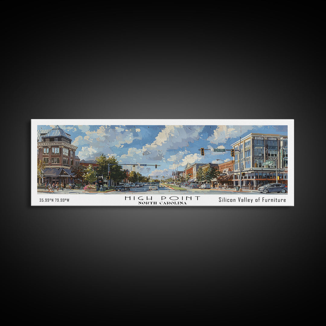 High Point North Carolina Panoramic Watercolor Painting, Urban Framed Canvas Print, Cityscape Wall Art for Office, Travel Decor, Home Gift Idea