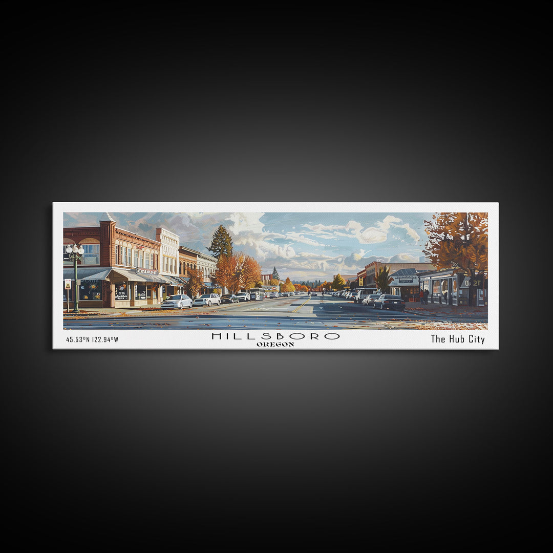 Hillsboro Oregon Panoramic Watercolor Painting, Urban Framed Canvas Print, Cityscape Wall Art for Office, Travel Decor, Home Gift Idea