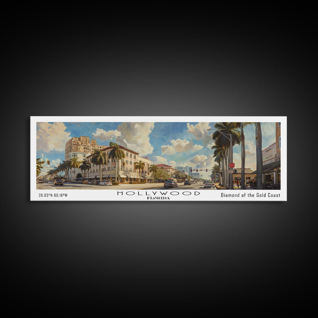 Hollywood Florida Panoramic Watercolor Painting, Urban Framed Canvas Print, Cityscape Wall Art for Living Room, Travel Poster, Home Decor, City Gift Idea