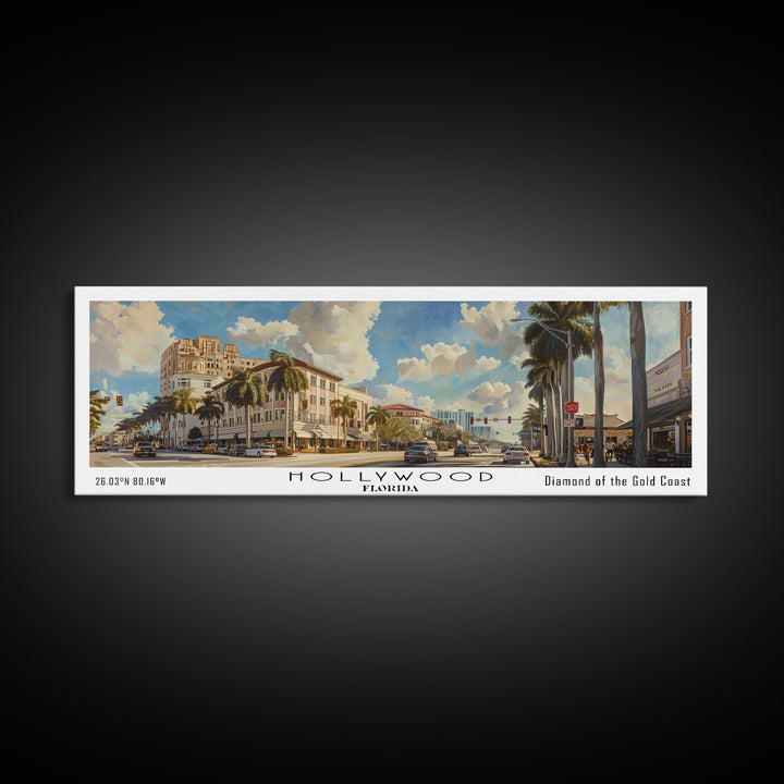 Hollywood Florida Panoramic Watercolor Painting, Urban Framed Canvas Print, Cityscape Wall Art for Living Room, Travel Poster, Home Decor, City Gift Idea