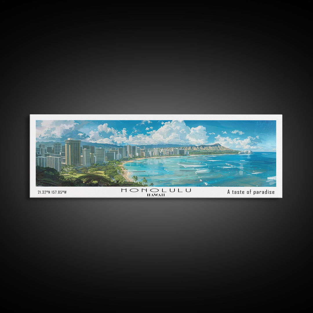 Honolulu Hawaii Panoramic Watercolor Painting, Urban Framed Canvas Print, Cityscape Wall Art for Office, Travel Decor, Home Gift Idea