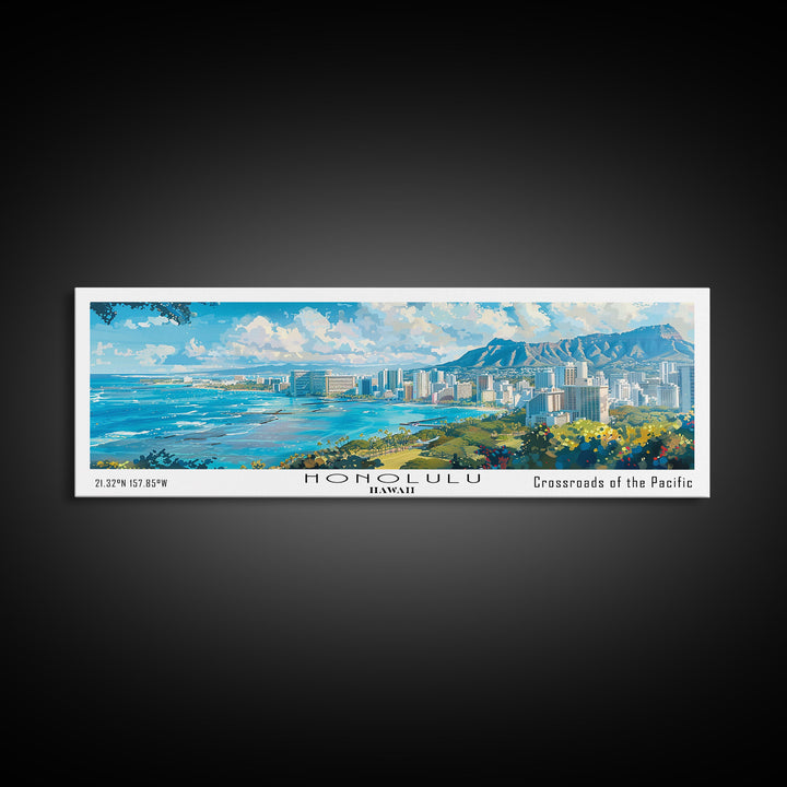 Honolulu Hawaii Panoramic Watercolor Painting, Urban Framed Canvas Print, Cityscape Wall Art for Living Room, Travel Poster, Home Decor, City Gift Idea