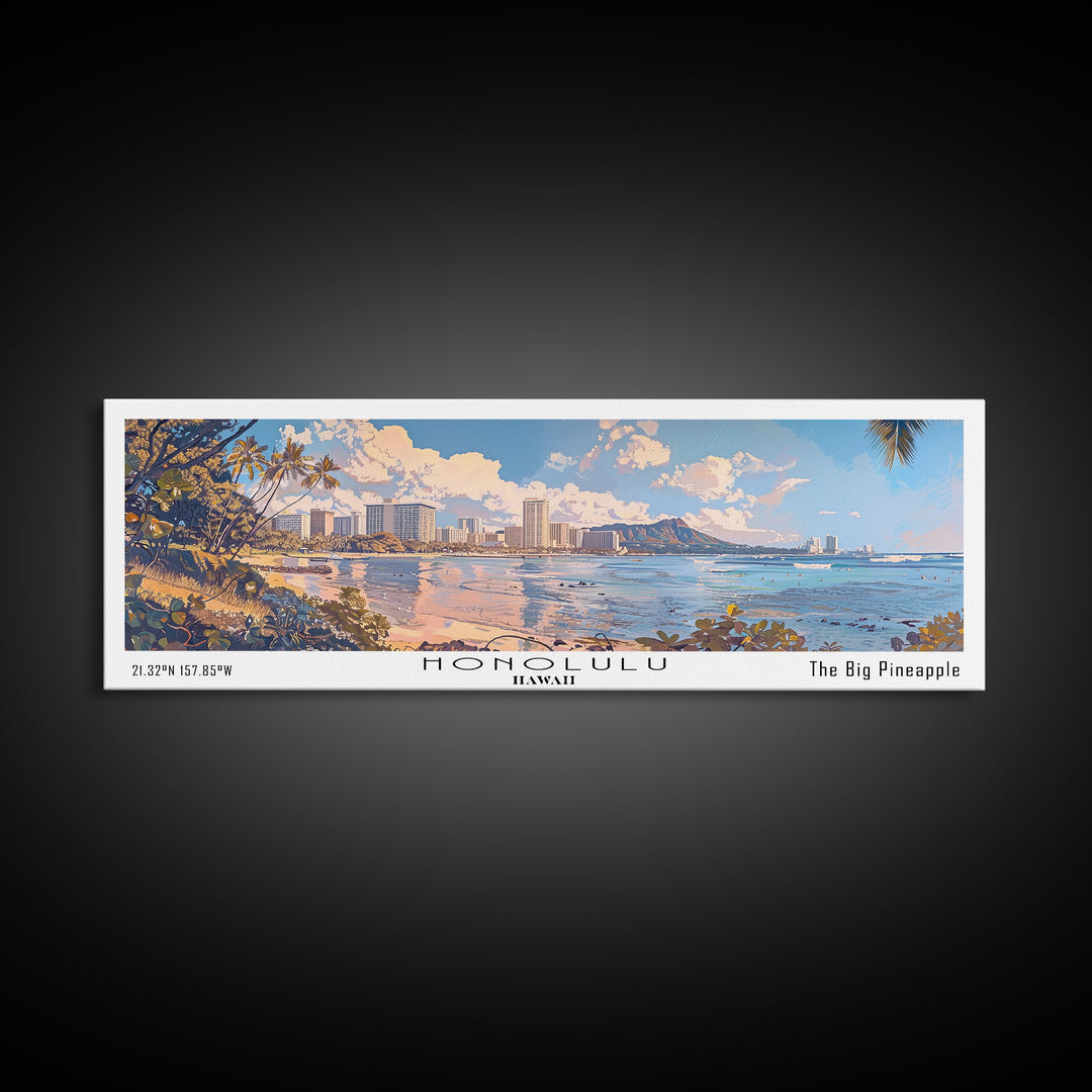 Honolulu Hawaii Panoramic Watercolor Painting, Urban Framed Canvas Print, Cityscape Wall Art for Office, Travel Decor, Home Gift Idea