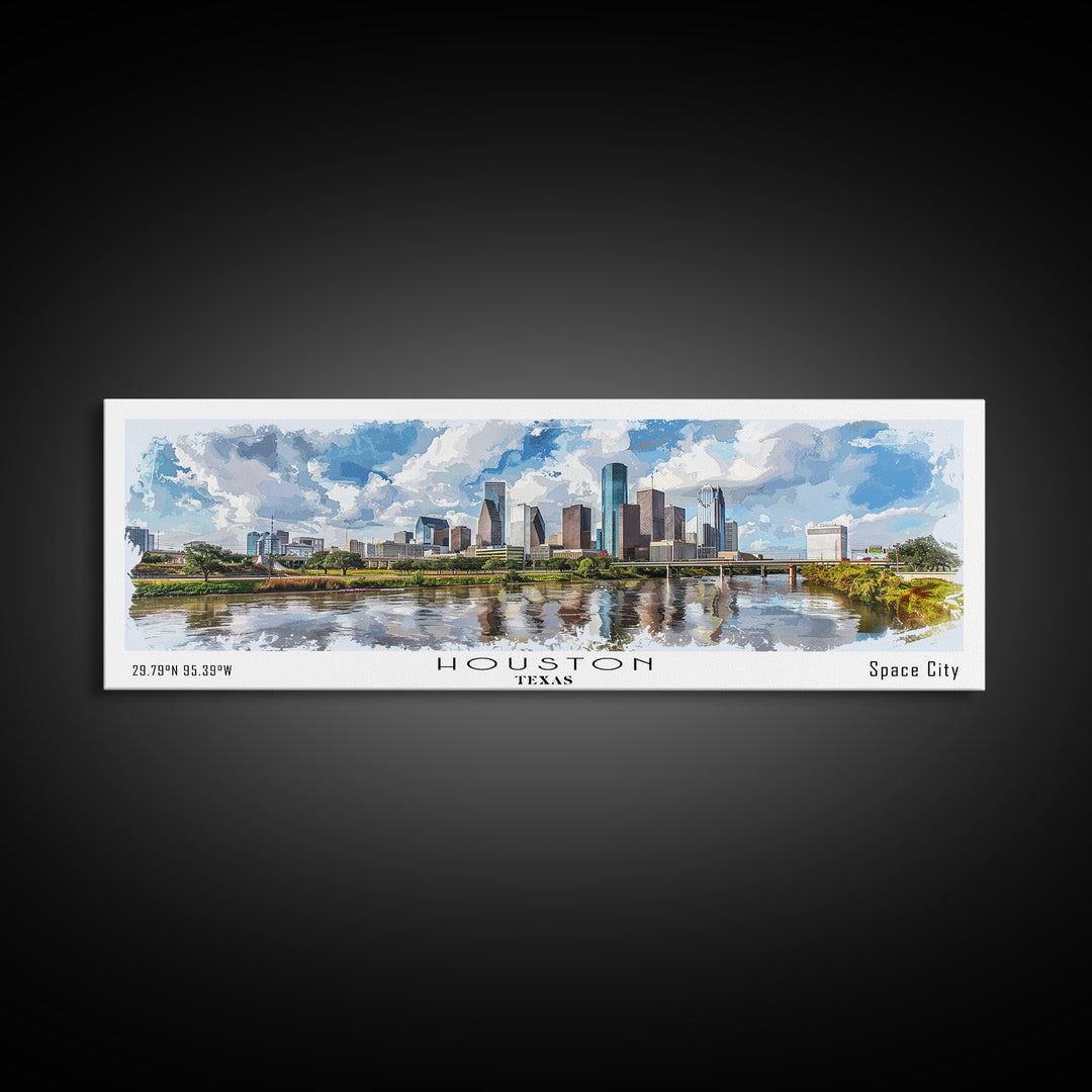 Houston Texas Panoramic Watercolor Painting, Urban Framed Canvas Print, Cityscape Wall Art for Living Room, Travel Poster, Home Decor, City Gift Idea