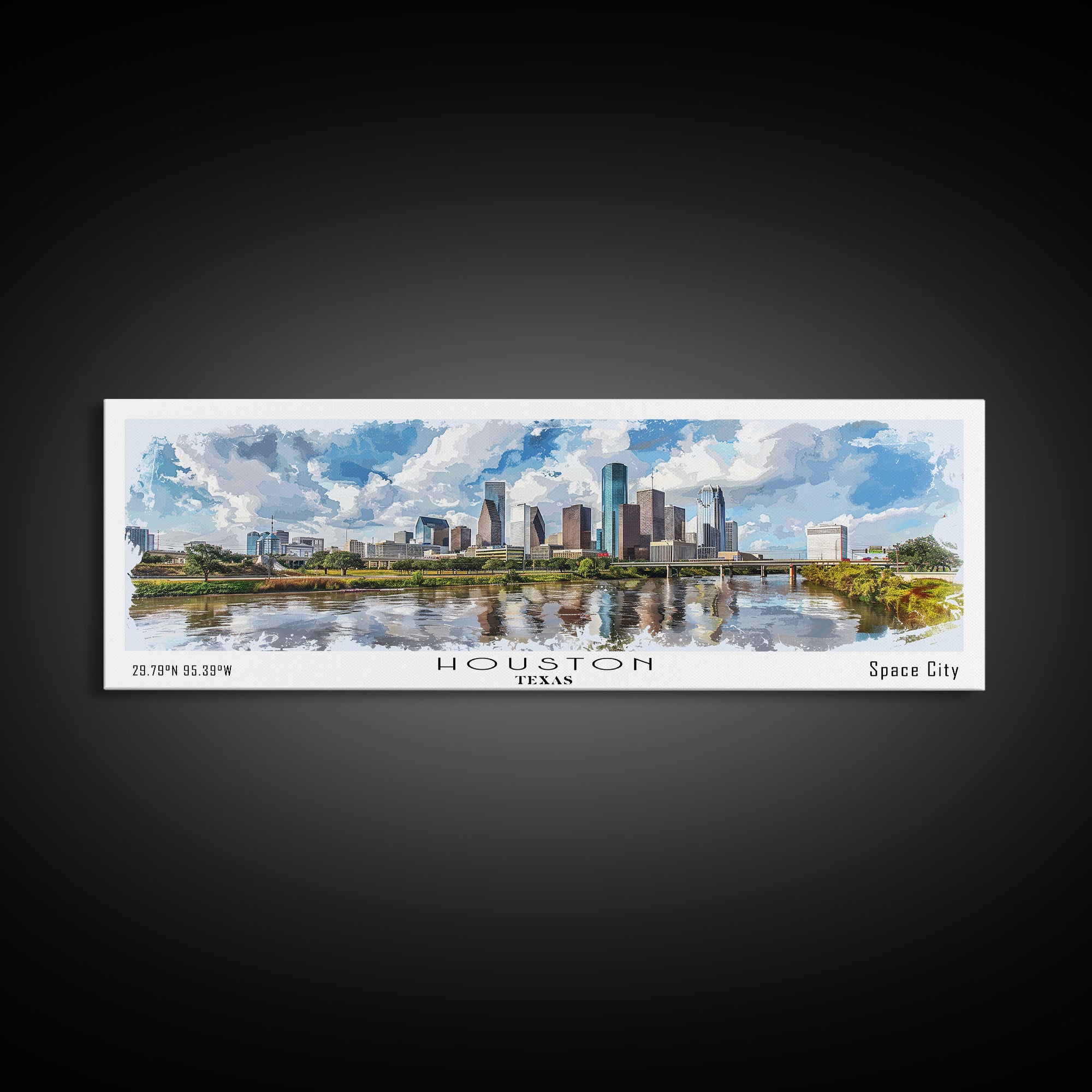 Houston Texas Panoramic Watercolor Painting, Urban Framed Canvas Print, Cityscape Wall Art for Living Room, Travel Poster, Home Decor, City Gift Idea