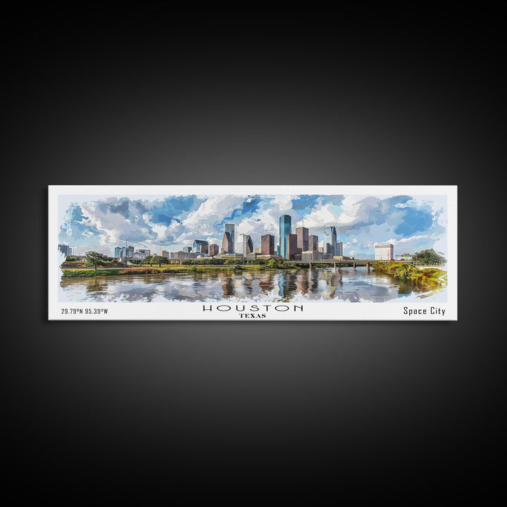 Houston Texas Panoramic Watercolor Painting, Urban Framed Canvas Print, Cityscape Wall Art for Living Room, Travel Poster, Home Decor, City Gift Idea