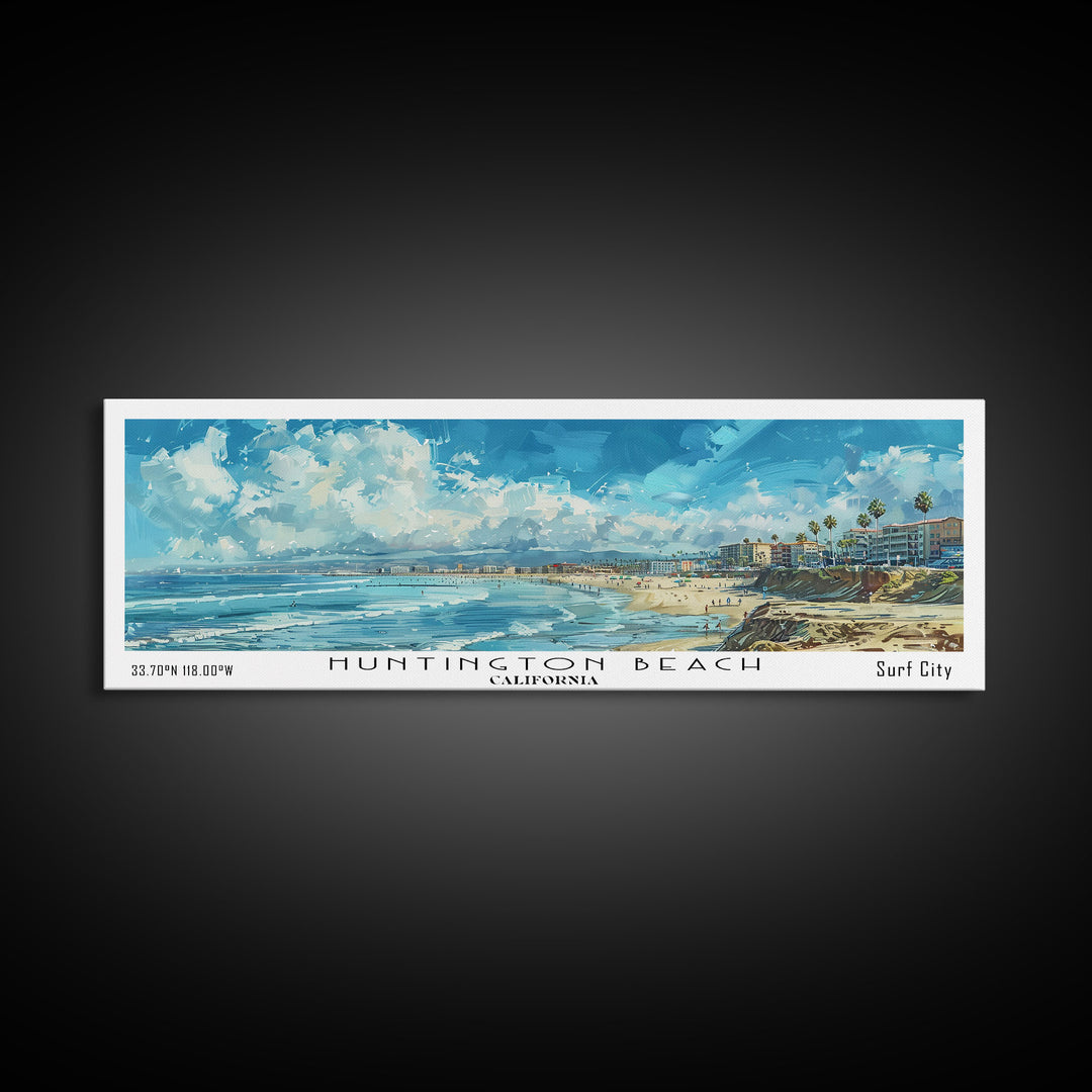 Huntington Beach California Panoramic Watercolor Painting, Urban Framed Canvas Print, Cityscape Wall Art for Office, Travel Decor, Home Gift Idea