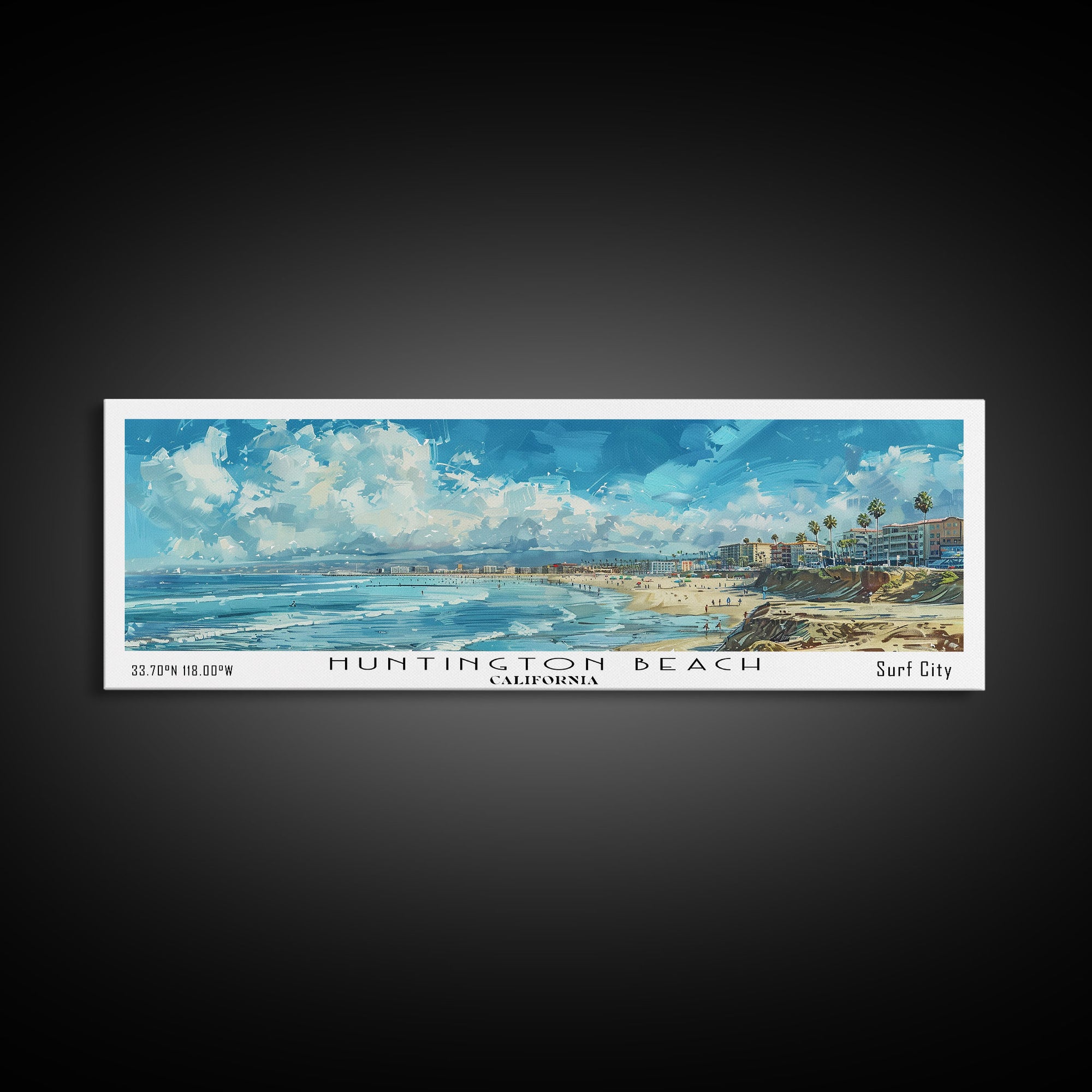 Huntington Beach California Panoramic Watercolor Painting, Urban Framed Canvas Print, Cityscape Wall Art for Office, Travel Decor, Home Gift Idea