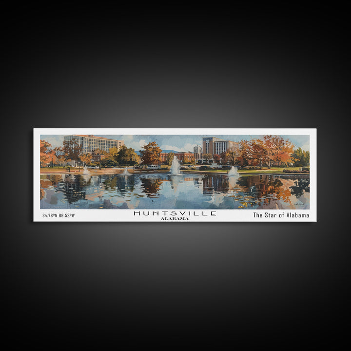 Huntsville Alabama Panoramic Watercolor Painting, Urban Framed Canvas Print, Cityscape Wall Art for Living Room, Travel Poster, Home Decor, City Gift Idea