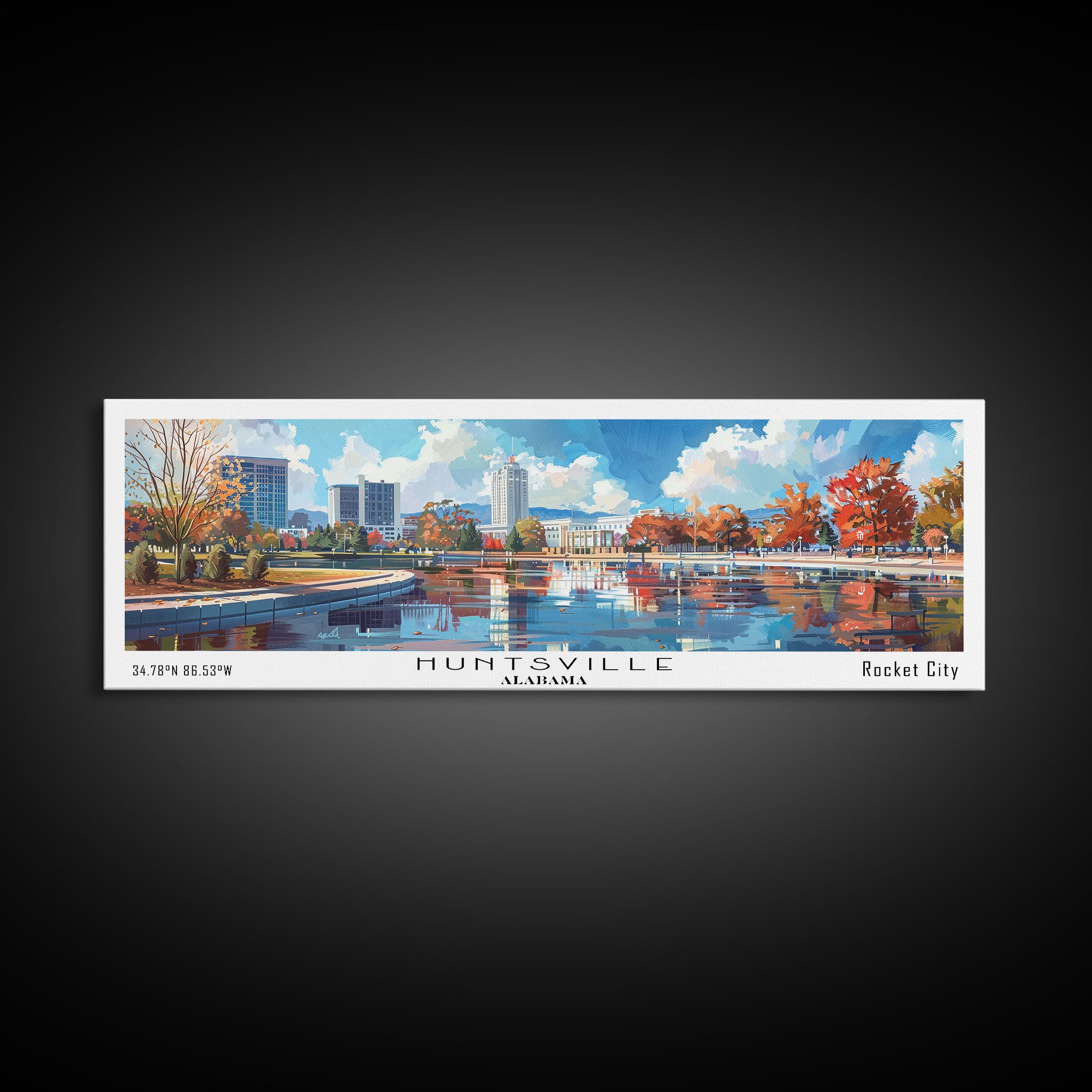 Huntsville Alabama Panoramic Watercolor Painting, Urban Framed Canvas Print, Cityscape Wall Art for Office, Travel Decor, Home Gift Idea