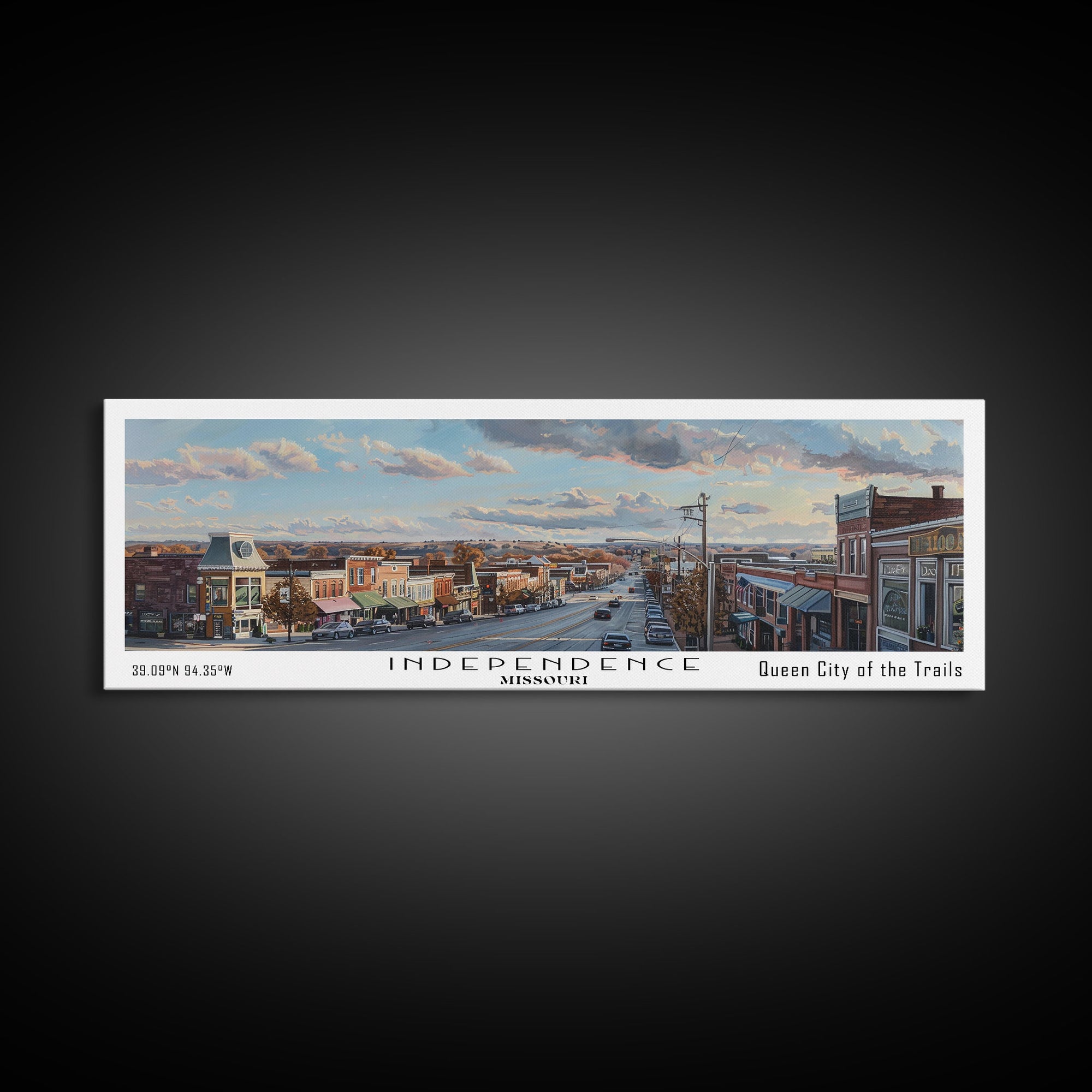 Independence Missouri Panoramic Watercolor Painting, Urban Framed Canvas Print, Cityscape Wall Art for Living Room, Travel Decor, Home Gift Idea