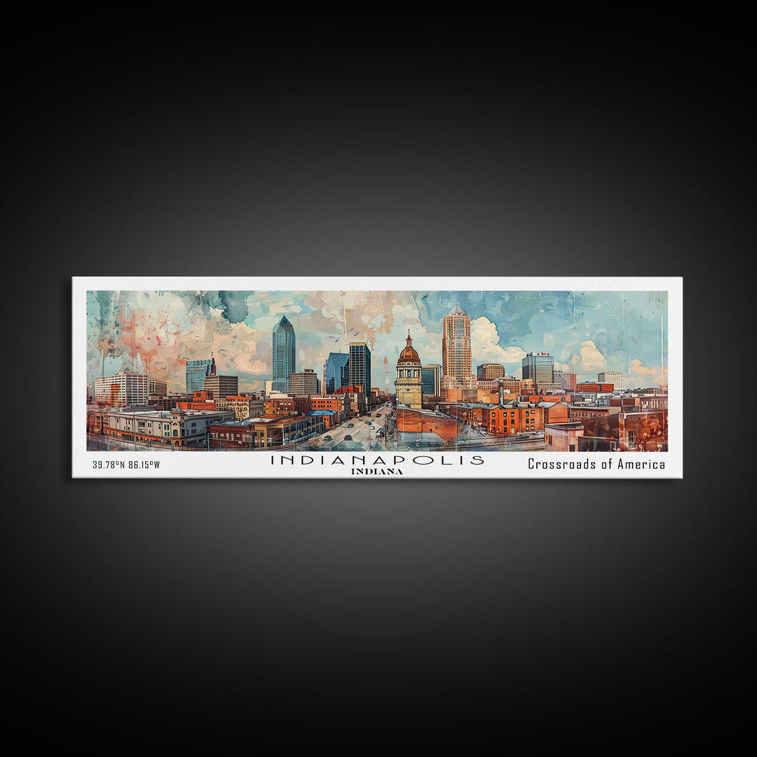 Indianapolis Indiana Panoramic Watercolor Painting, Urban Framed Canvas Print, Cityscape Wall Art for Office, Travel Decor, Home Gift Idea