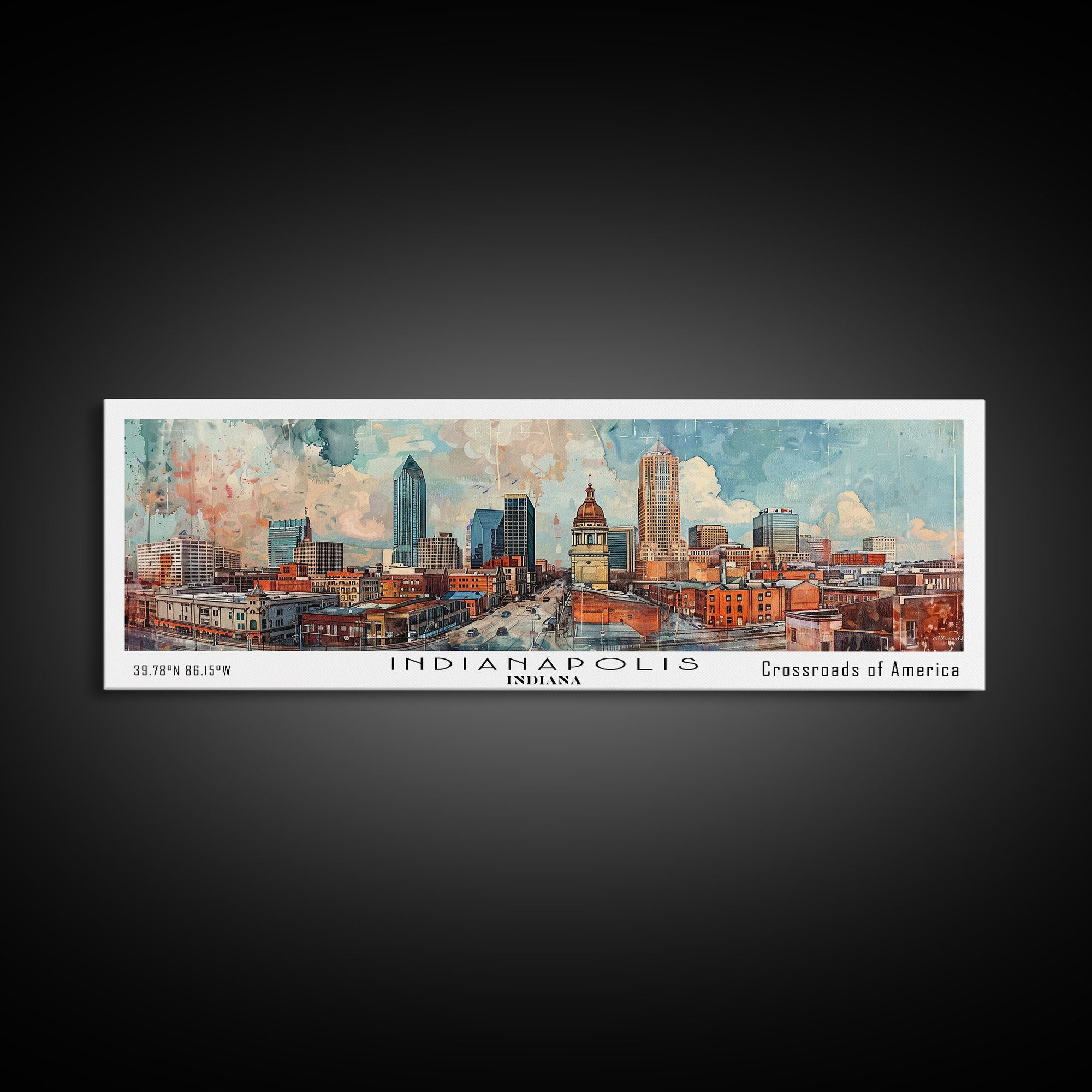 Indianapolis Indiana Panoramic Watercolor Painting, Urban Framed Canvas Print, Cityscape Wall Art for Office, Travel Decor, Home Gift Idea