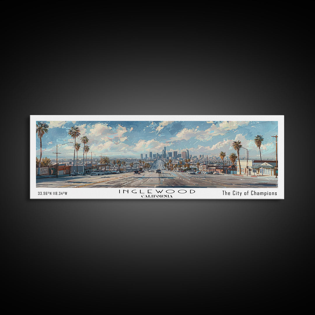 Inglewood California Panoramic Watercolor Painting, Urban Framed Canvas Print, Cityscape Wall Art for Living Room, Travel Poster, Home Decor, City Gift Idea