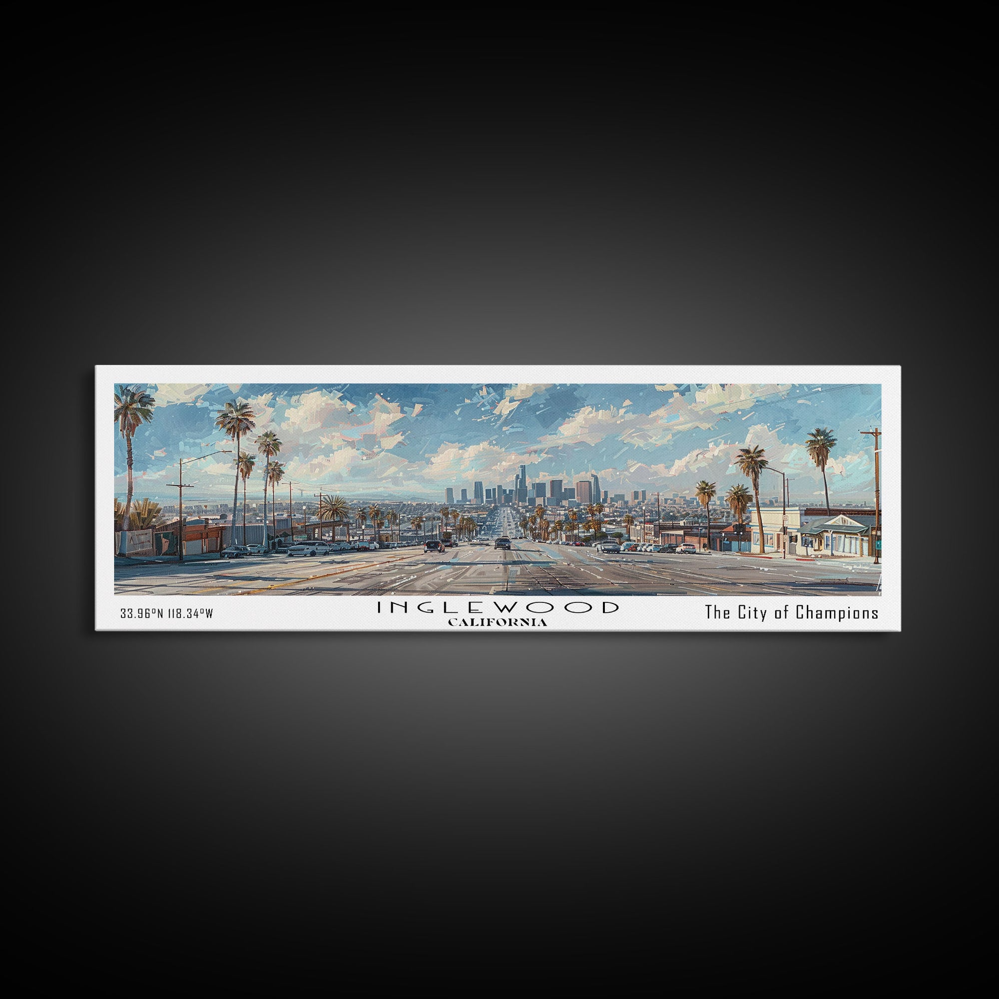 Inglewood California Panoramic Watercolor Painting, Urban Framed Canvas Print, Cityscape Wall Art for Living Room, Travel Poster, Home Decor, City Gift Idea