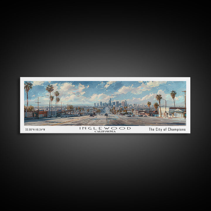 Inglewood California Panoramic Watercolor Painting, Urban Framed Canvas Print, Cityscape Wall Art for Living Room, Travel Poster, Home Decor, City Gift Idea