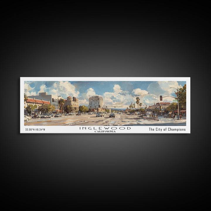 Inglewood California Panoramic Watercolor Painting, Urban Framed Canvas Print, Cityscape Wall Art for Office, Travel Decor, Home Gift Idea