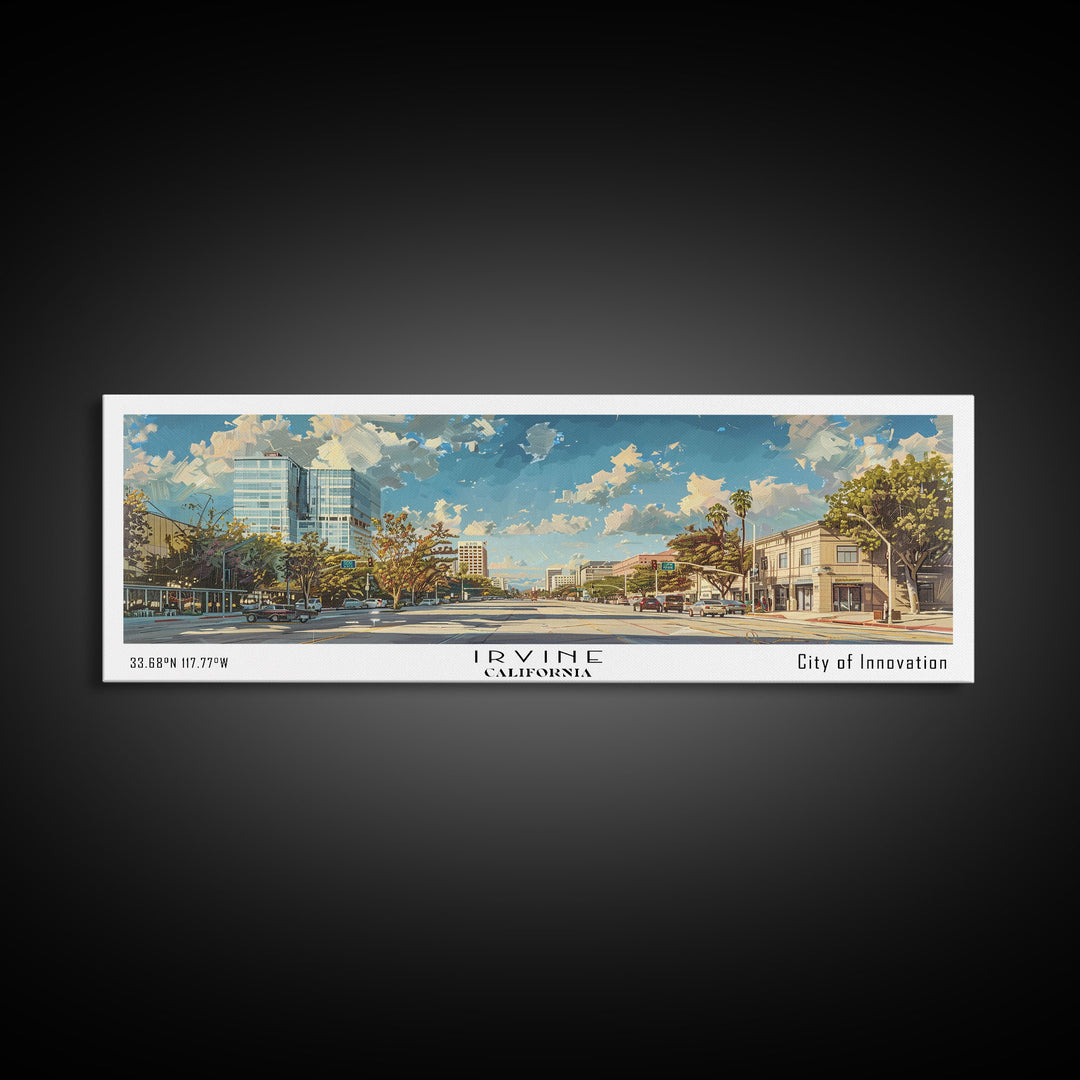 Irvine California Panoramic Cityscape Painting, Framed Canvas Print for Home, Office Wall Art, Urban Decor, Watercolor Travel Poster