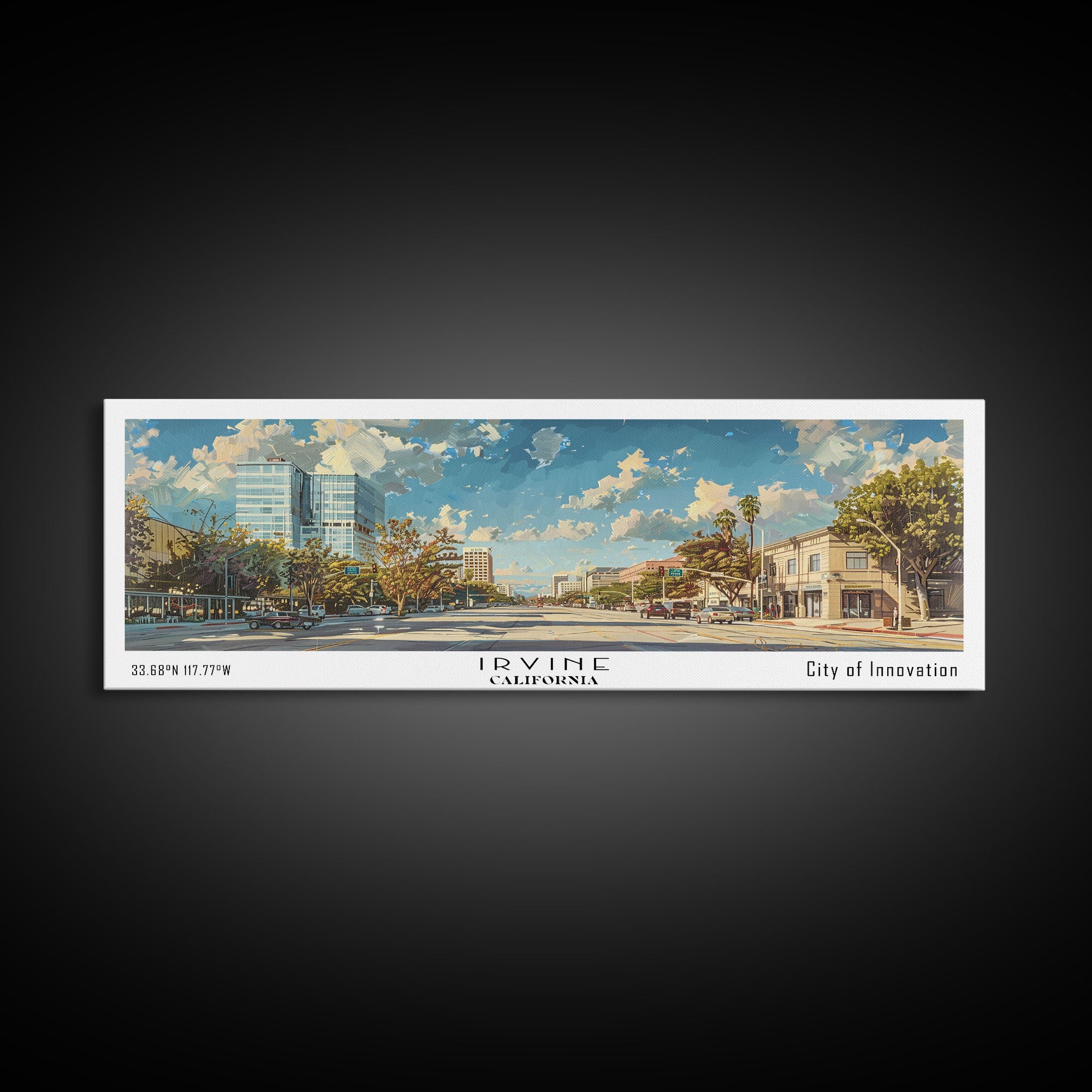 Irvine California Panoramic Cityscape Painting, Framed Canvas Print for Home, Office Wall Art, Urban Decor, Watercolor Travel Poster