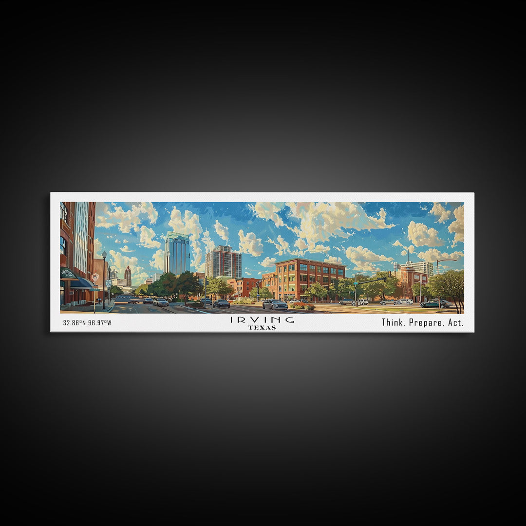 Irving Texas Panoramic Wall Art, Watercolor Framed Canvas Print, Urban Cityscape for Living Room, Travel Poster, Home Decoration
