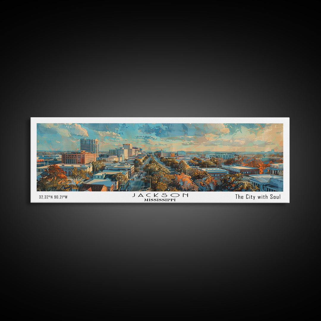 Jackson Mississippi Watercolor Panoramic City Painting, Framed Canvas Print for Living Room, Office Wall Art, Urban Decor, Travel Poster