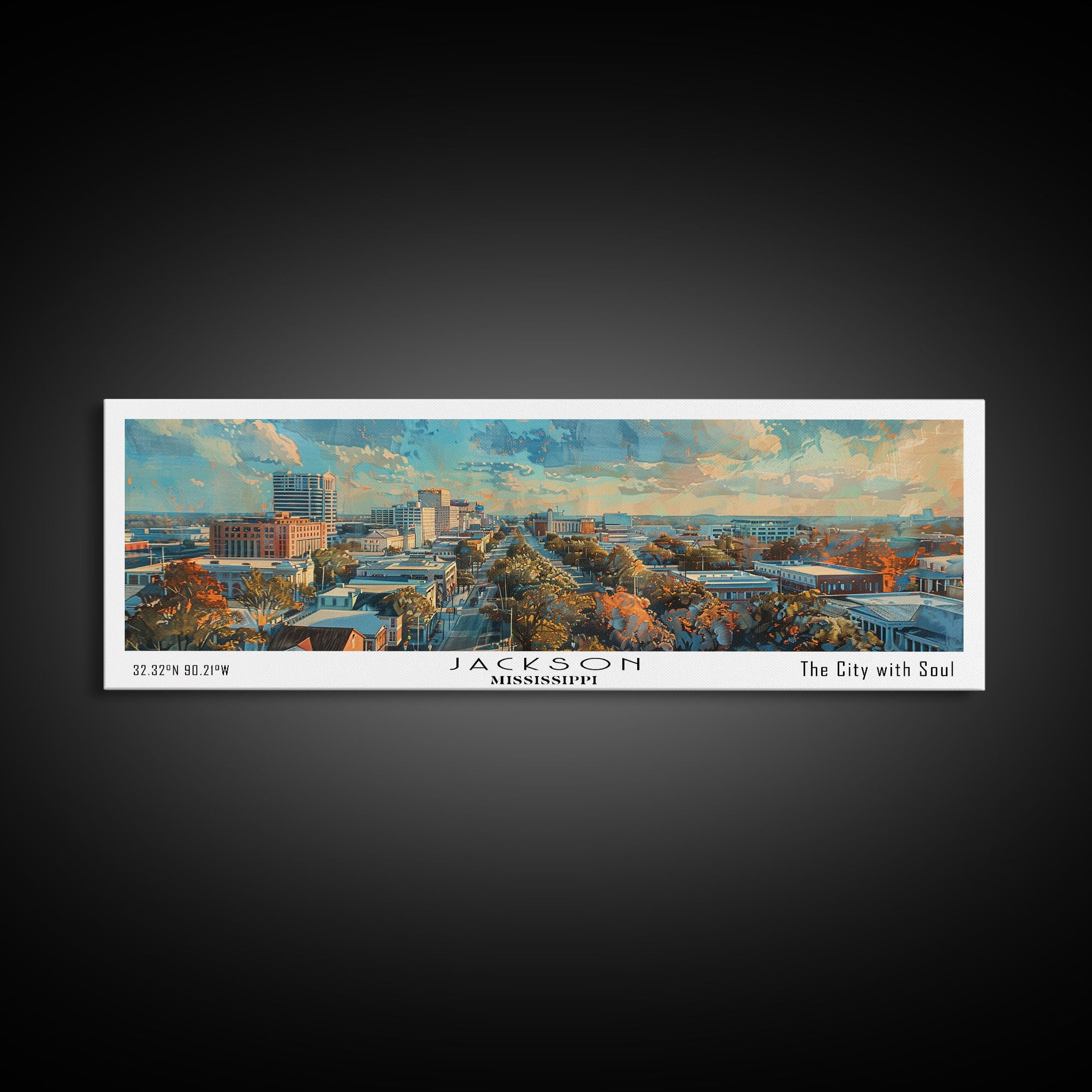 Jackson Mississippi Watercolor Panoramic City Painting, Framed Canvas Print for Living Room, Office Wall Art, Urban Decor, Travel Poster