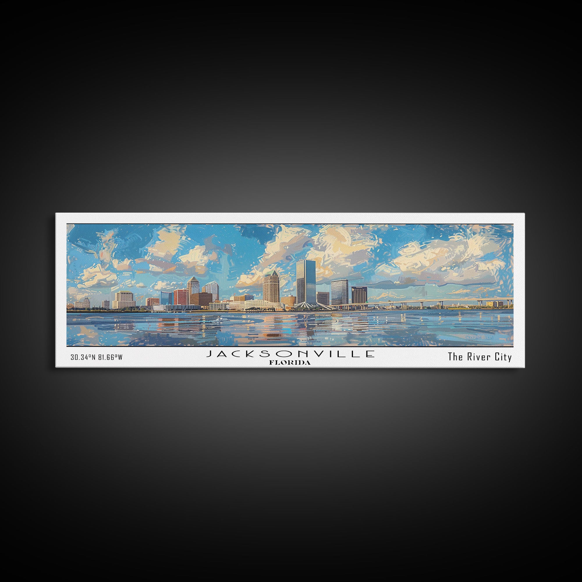 Jacksonville Florida Panoramic Cityscape Wall Art, Watercolor Framed Canvas Print, Home Decor, Office Wall Art, Travel Poster, Urban Painting