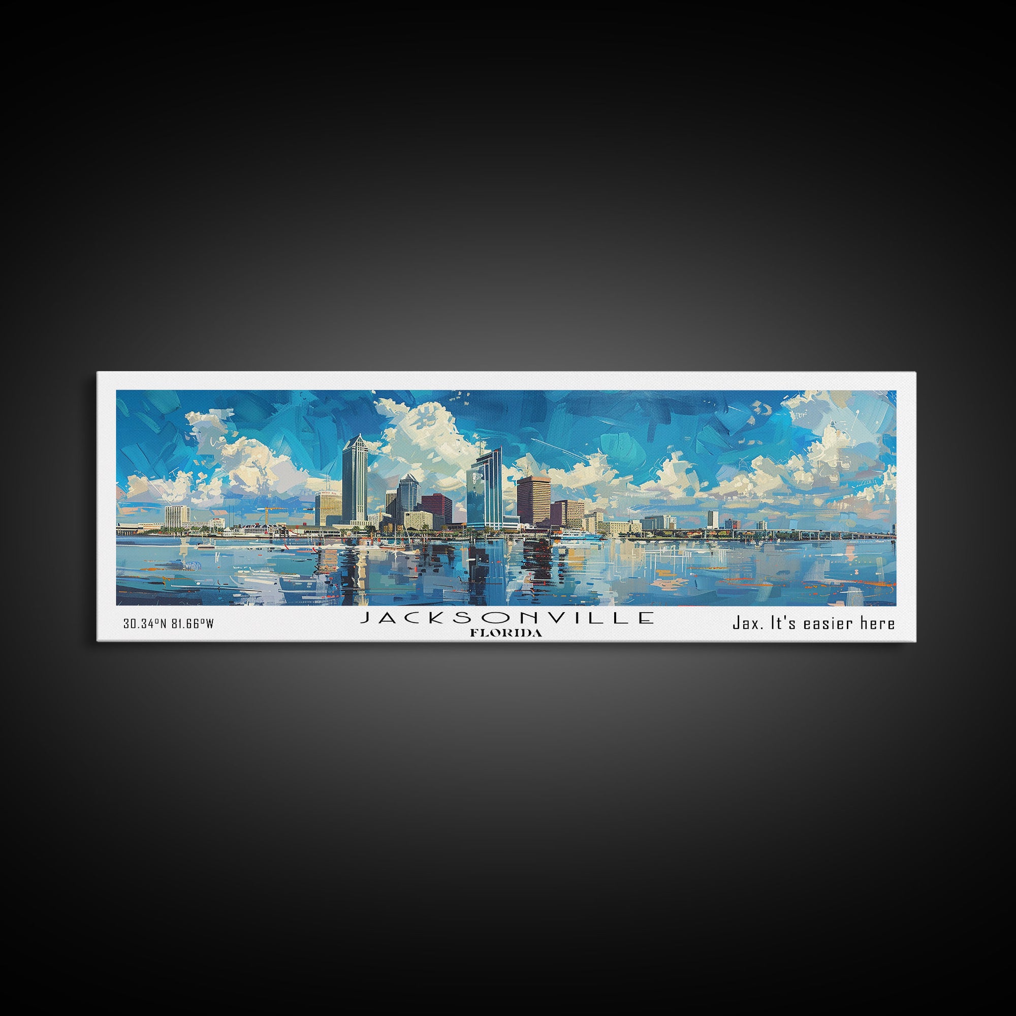 Jacksonville Florida Panoramic Watercolor City Painting, Framed Canvas Print for Home, Urban Decor, Office Art, Travel Poster