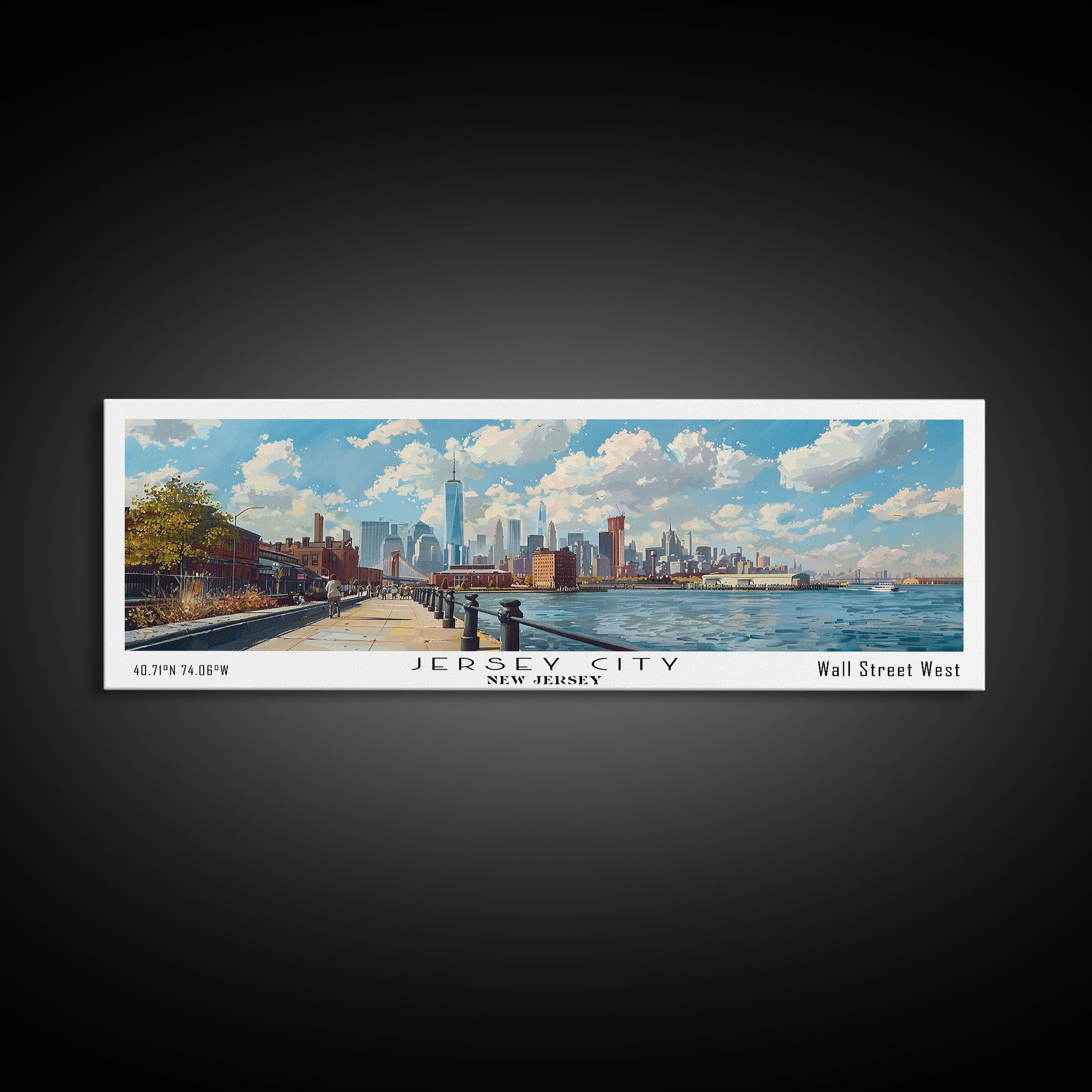 Jersey City New Jersey Panoramic Cityscape Painting, Framed Canvas Print, Urban Decor, Office Wall Art, Travel Poster, Watercolor Home Decoration