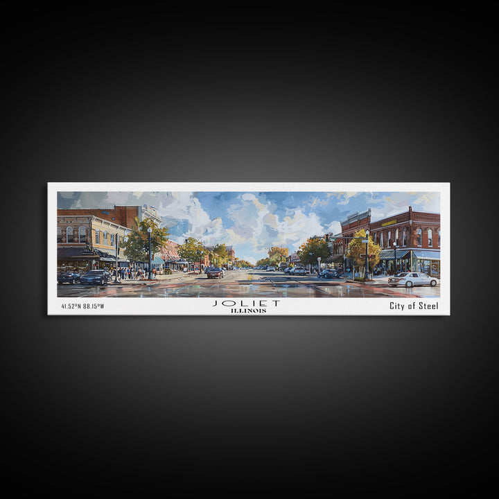Joliet Illinois Panoramic Cityscape Wall Art, Watercolor Framed Canvas Print, Urban Painting for Living Room, Office Decor, Travel Poster