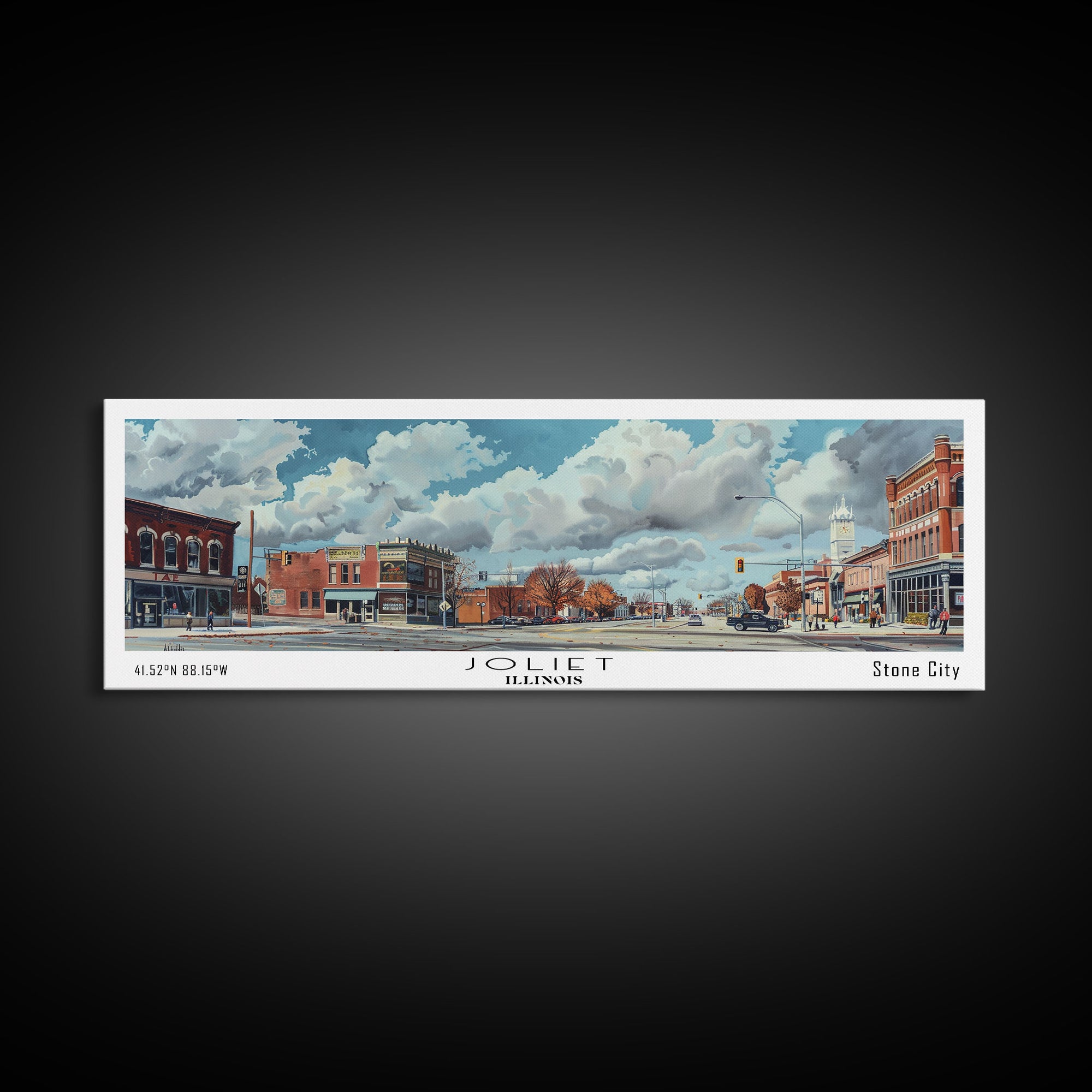 Joliet Illinois Panoramic Watercolor City Painting, Framed Canvas Print for Home, Office Wall Art, Urban Decor, Travel Poster