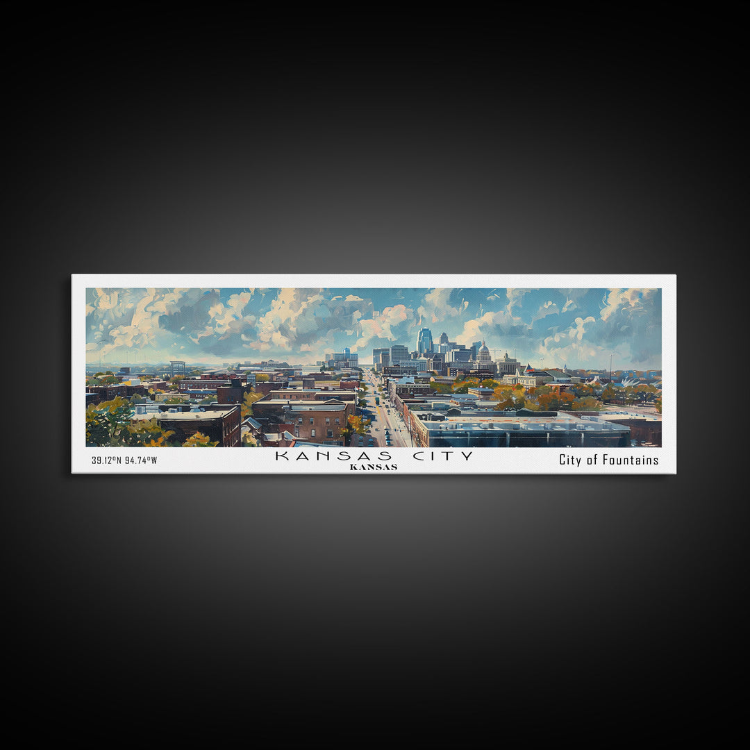 Kansas City Kansas Panoramic Watercolor Cityscape, Framed Canvas Print for Living Room, Office Wall Art, Urban Decor, Travel Poster