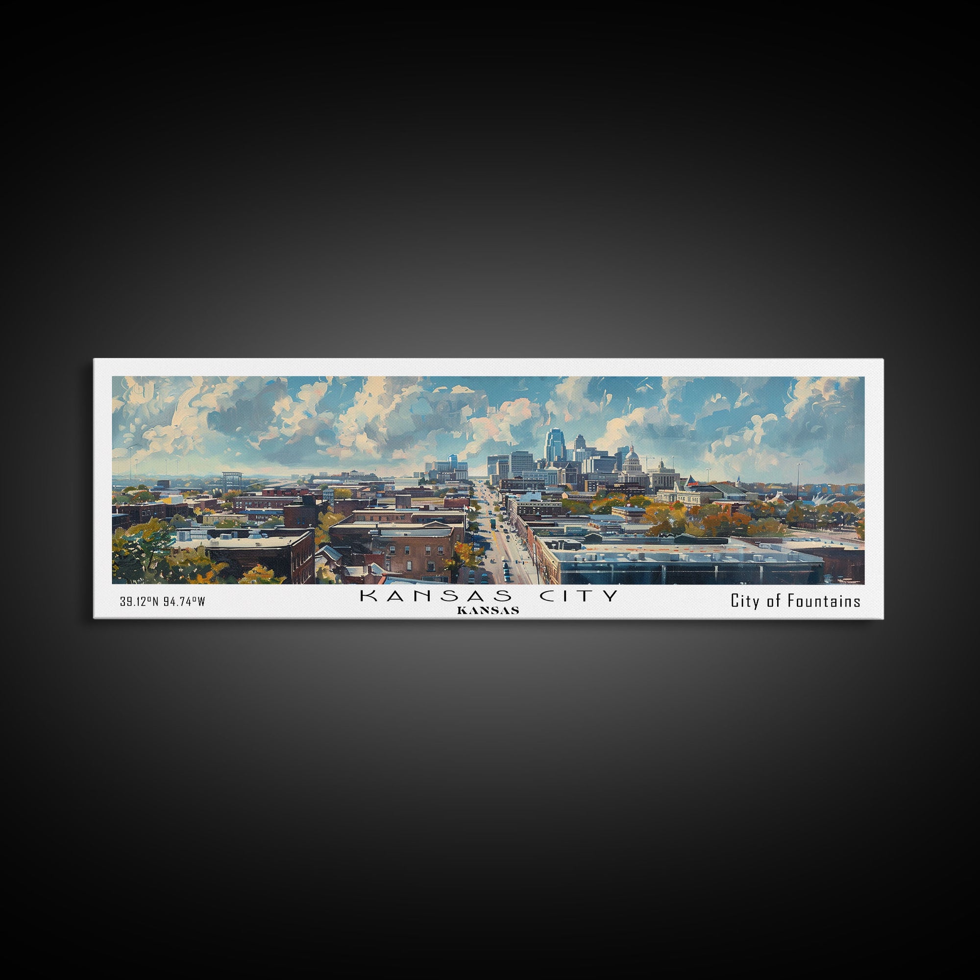 Kansas City Kansas Panoramic Watercolor Cityscape, Framed Canvas Print for Living Room, Office Wall Art, Urban Decor, Travel Poster